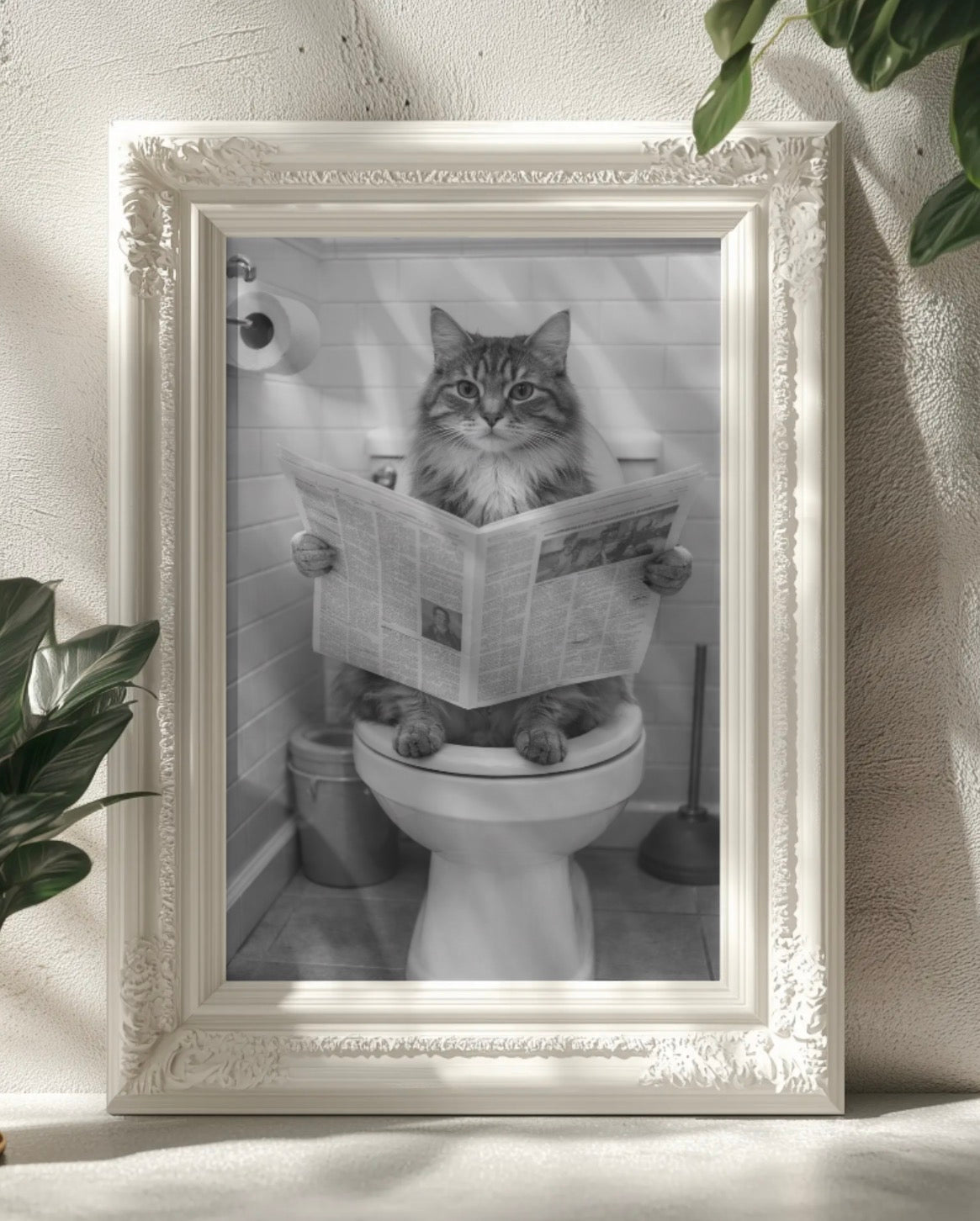 Cat on Toilet With Newspaper Wall Art Printable | Cute Print | Bathroom Home Decor | Digital Download A4 and A5