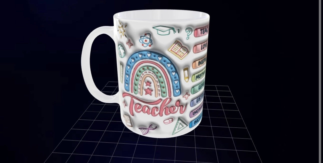 Teacher Mug - 3D Effect Rainbow Design - Gift for Teachers - Teach Love Inspire Cup - Wrap Around Design