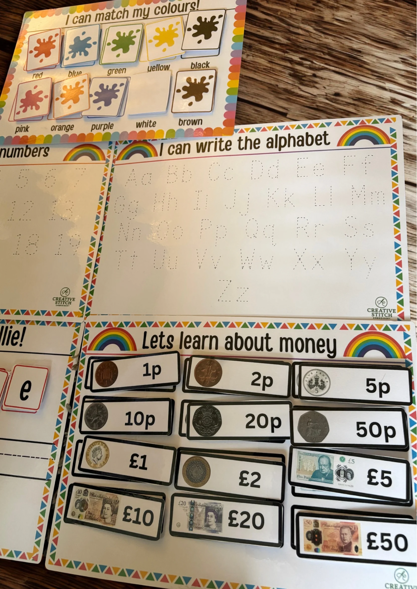 Early Learning Activity Bundle | Name Tracing, Alphabet & Numbers Tracing, Colour Match UK Money Match | Reusable Velcro Wipe Clean Mats