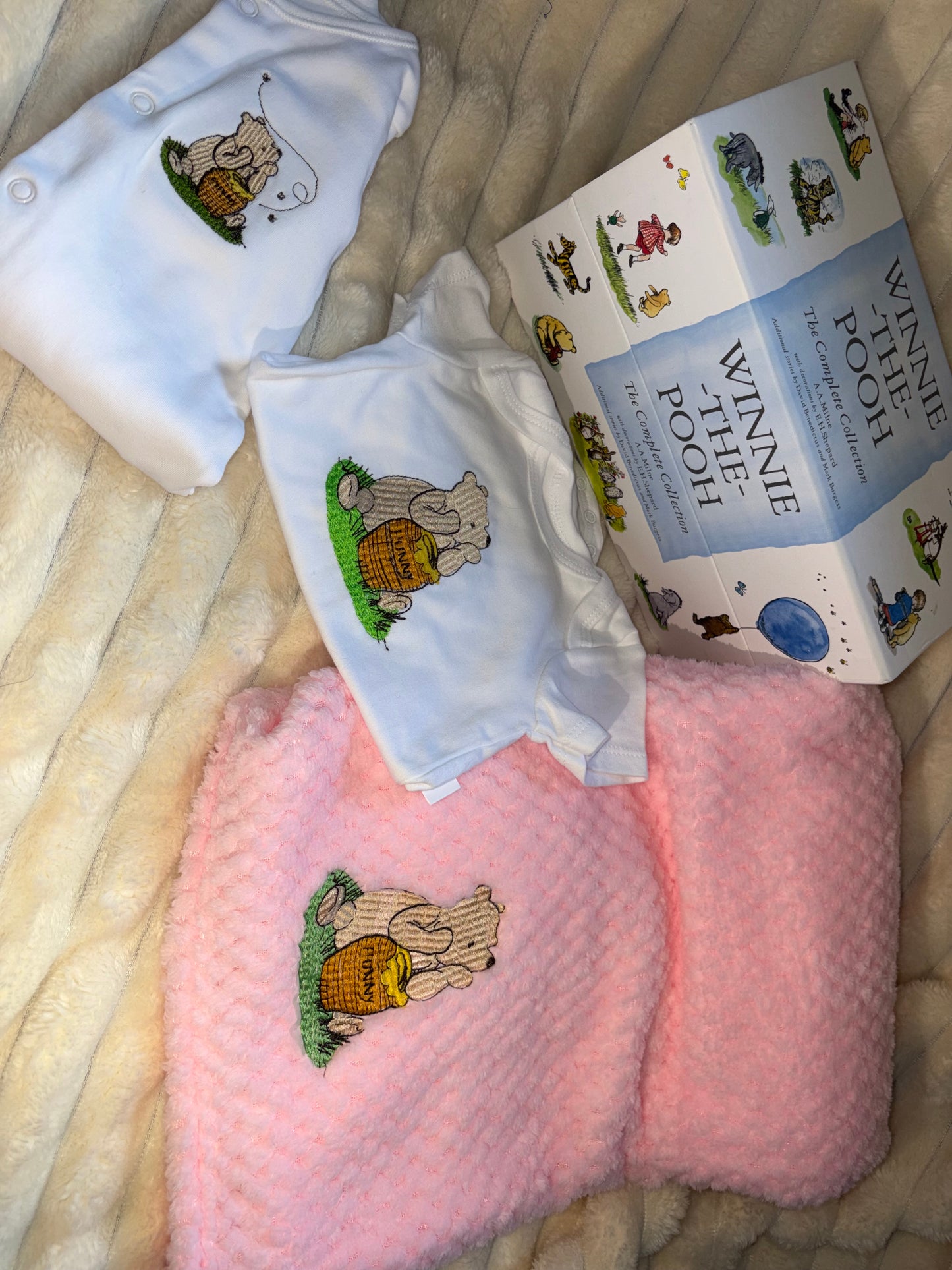 Winnie Pooh Baby Bundle- Pink Blanket, Babygrow and Vest Handmade Embroidered