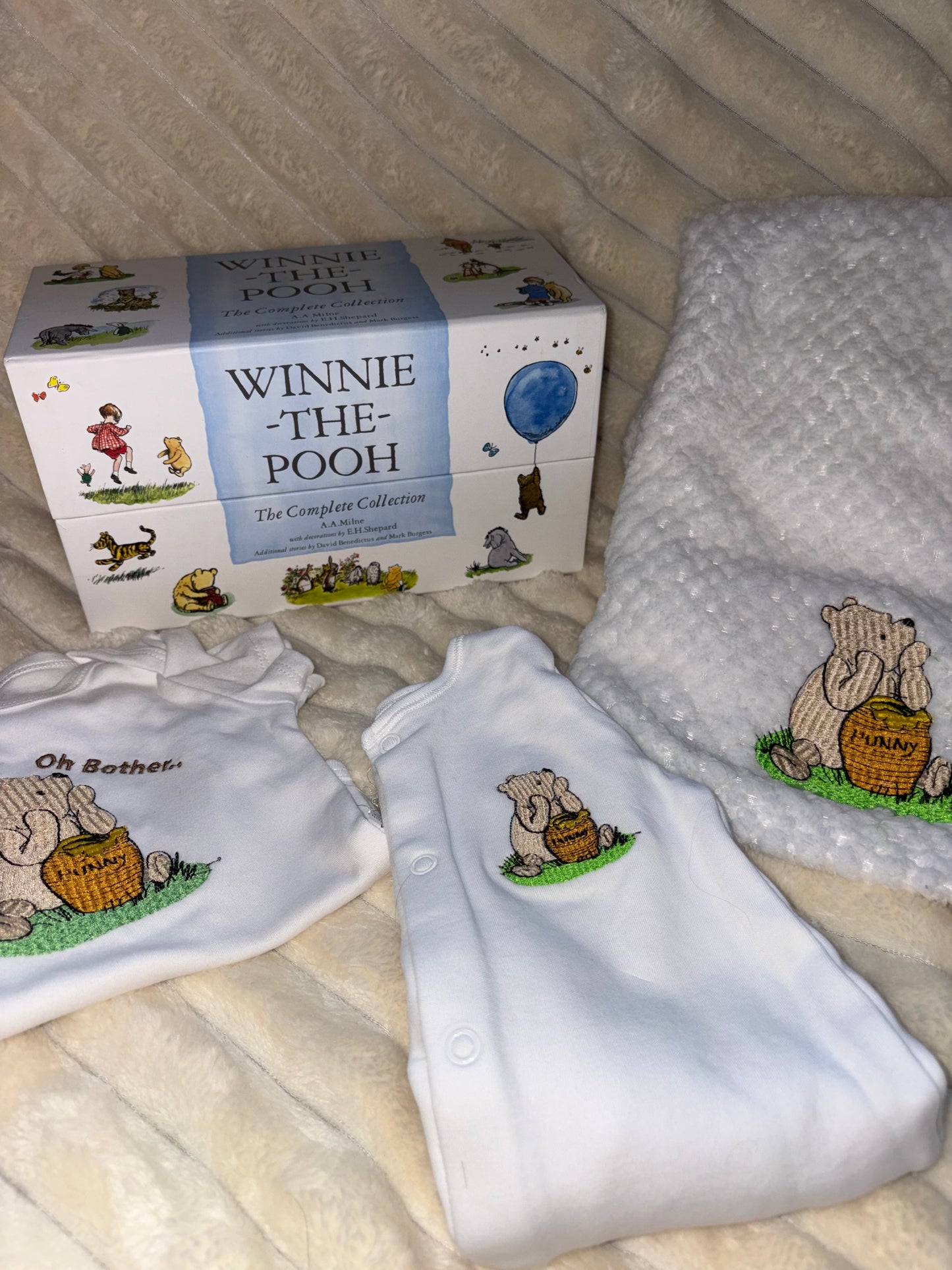 Winnie Pooh Baby Bundle- White Blanket, Babygrow and Vest Handmade Embroidered
