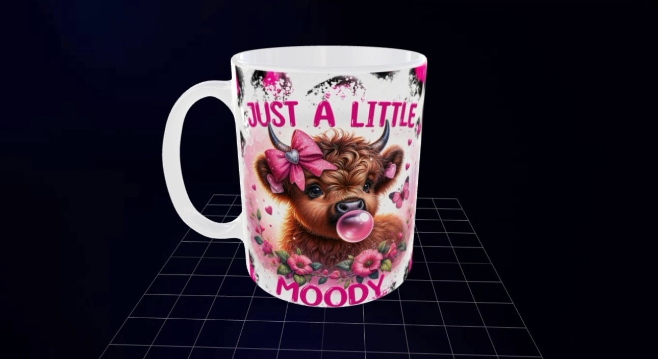 Just a Little Moody Highland Cow Mug - Pink Leopard Print Coffee Cup, Cute Farm Animal Mug, Funny Gift for Her, Novelty Hot Chocolate Mug
