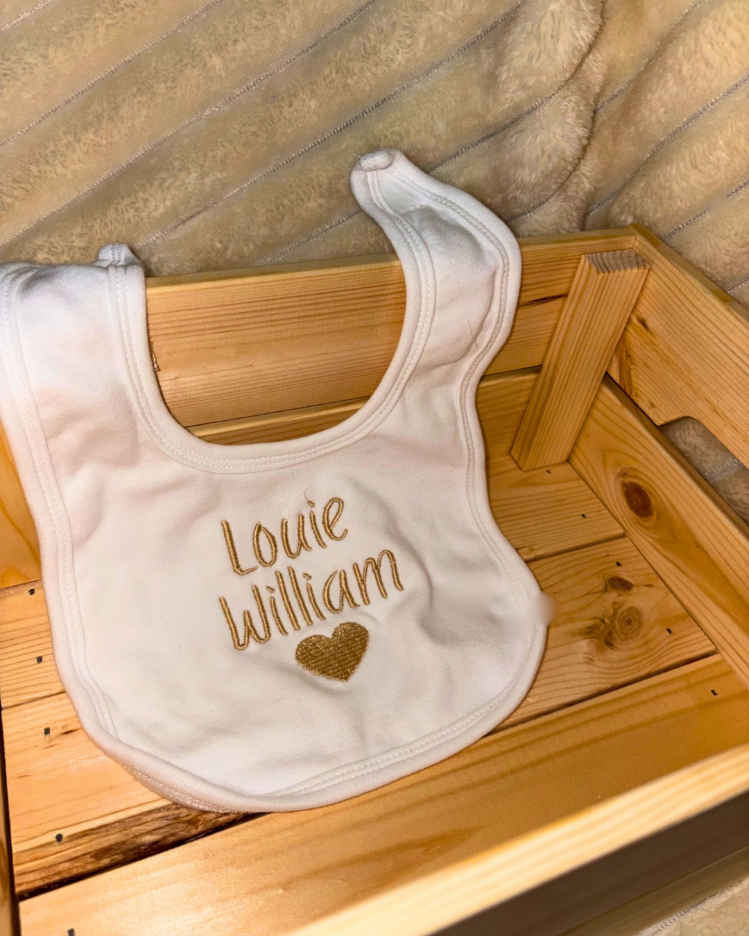Personalised Baby Name Bib – Embroidered Heart Design | Velcro fastening bib | 100% cotton | Also available in other colours