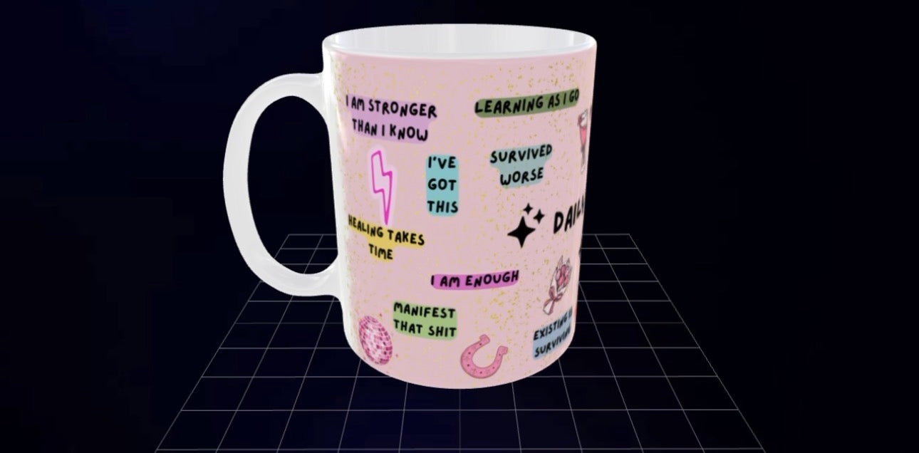 Daily Reminders Affirmation Mug - Pink Self Care Coffee Cup - Positive Quote Mug - Mental Health Gift for Her - Wrap Around Design Mug