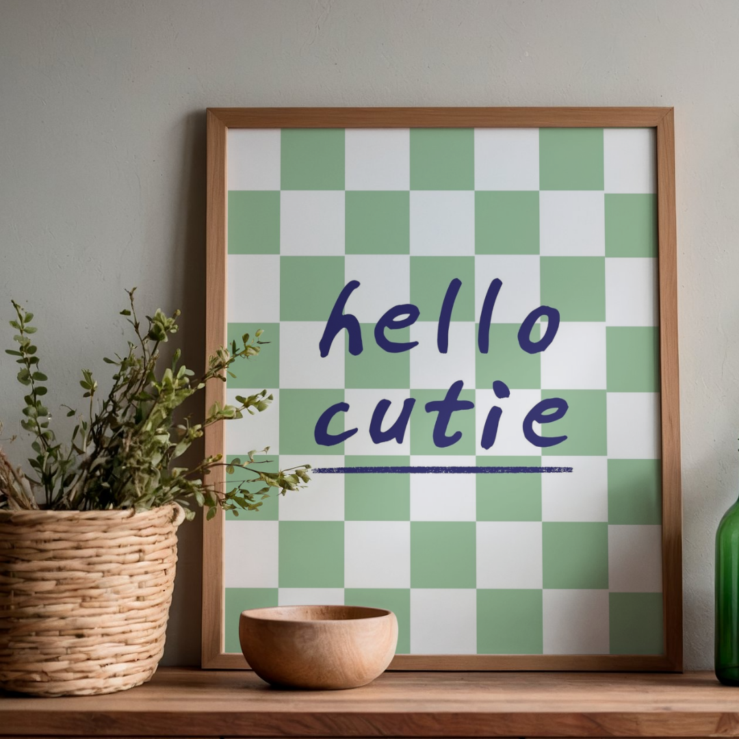 Hello Cutie Wall Art Printable | Cute Print | Green Home Decor | Digital Download A4 and A5
