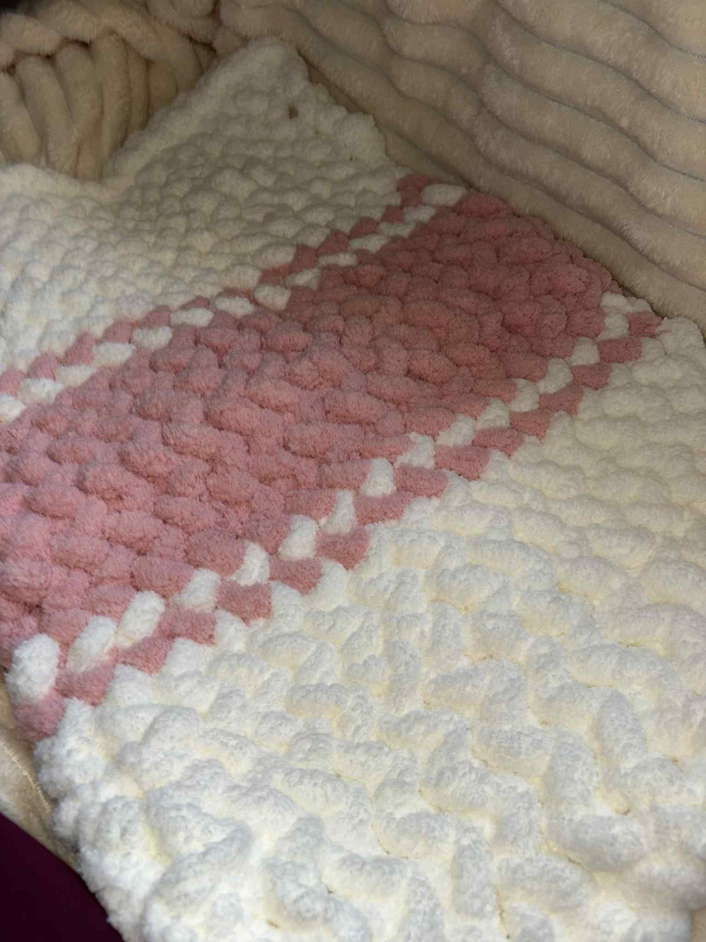 Hand Knitted Chunky Baby Pram Crib Blanket 25x30 inch Peach Pink and White Multicolor