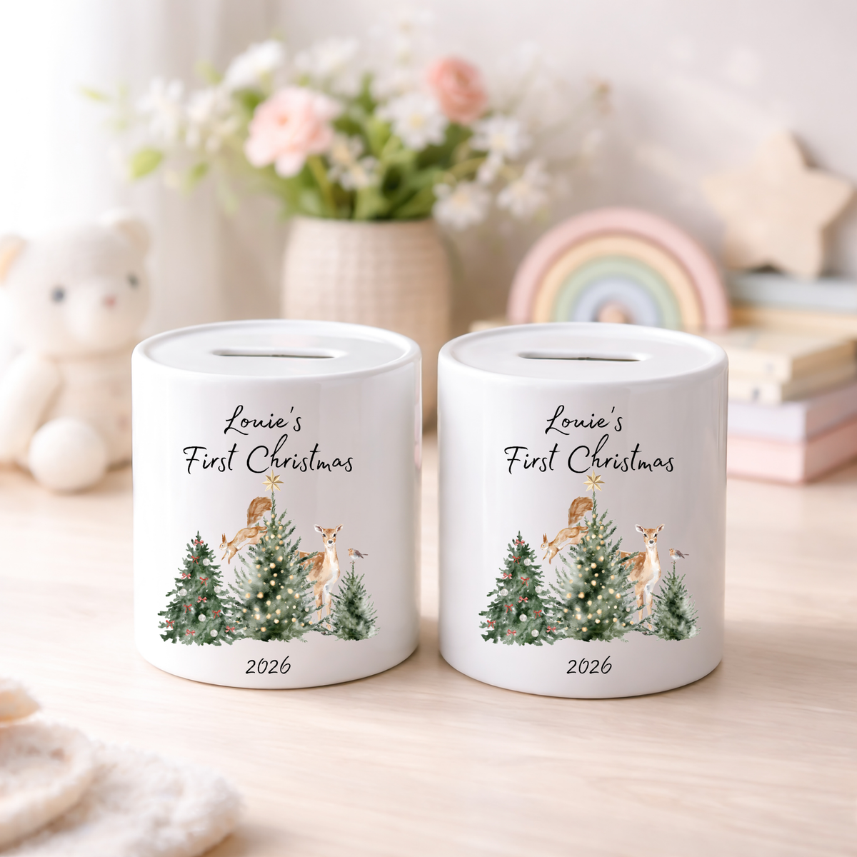 Personalised Money Box Ceramic Piggy Bank First Christmas Trees and Deer