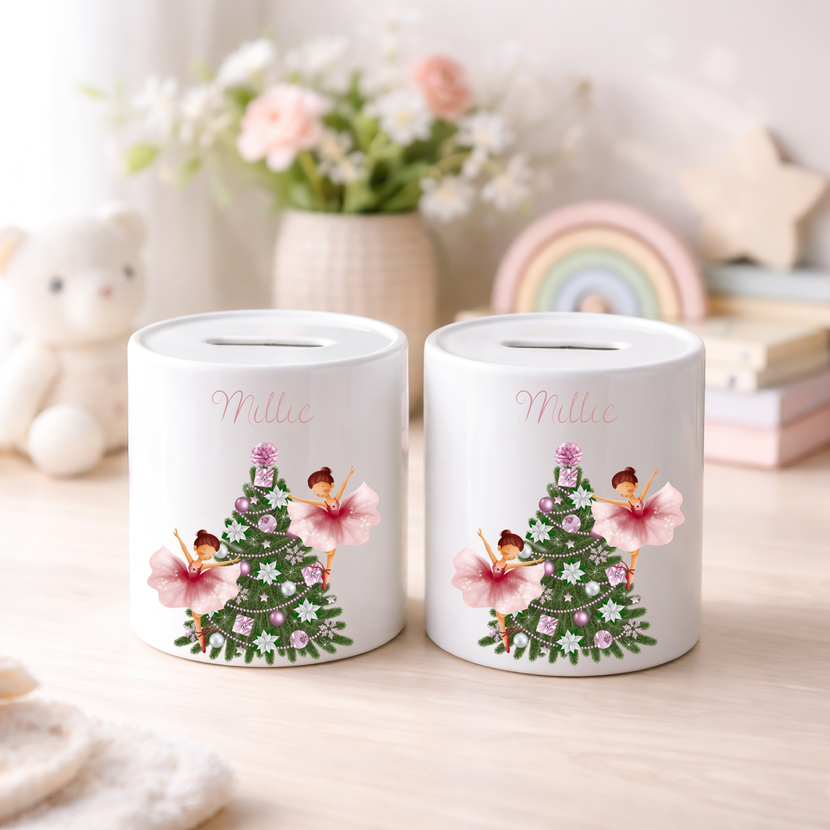Personalised Money Box Ceramic Piggy Bank First Christmas Fairy and Tree