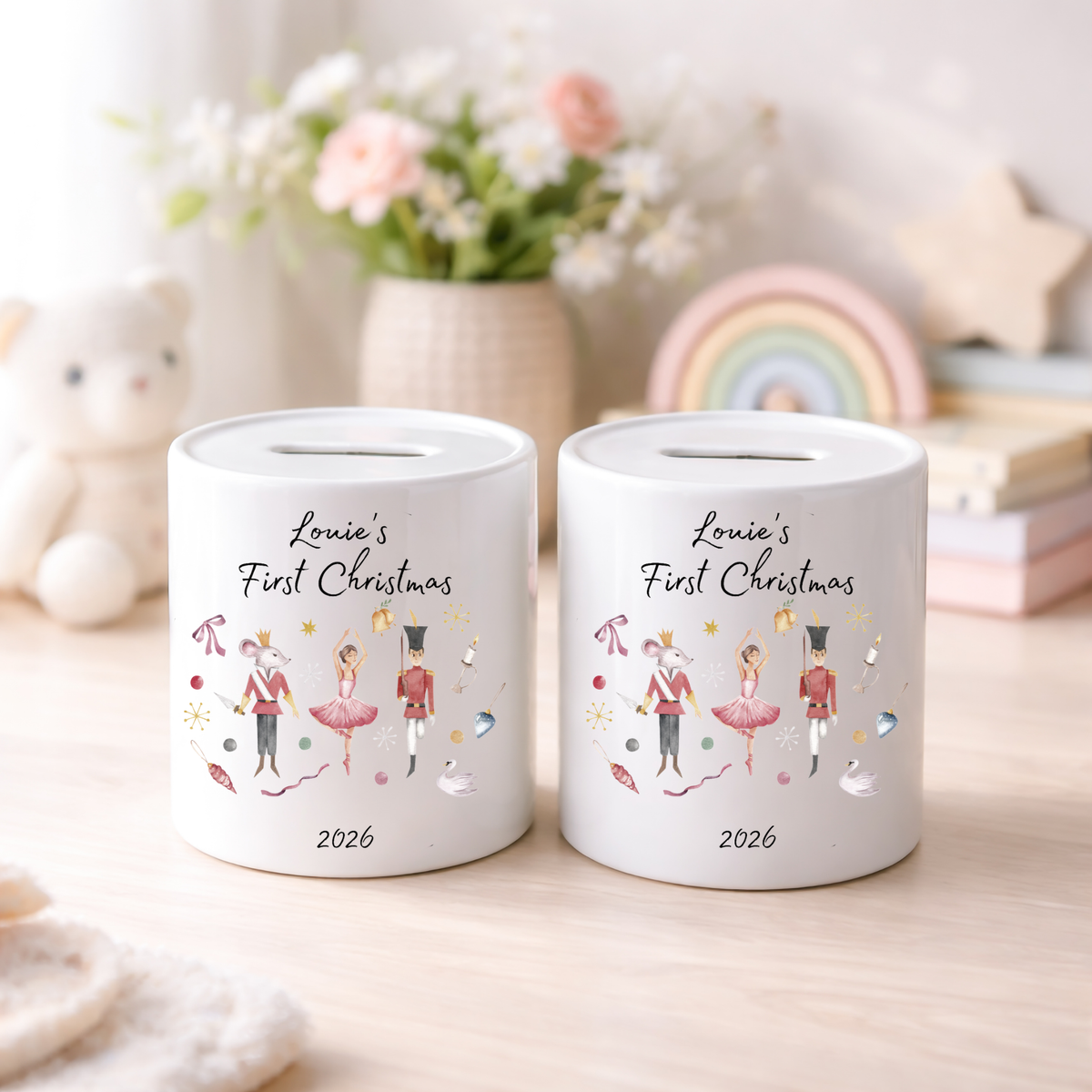 Personalised Money Box Ceramic Piggy Bank First Christmas Nutcracker
