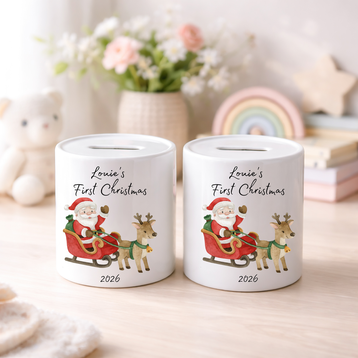 Personalised Money Box Ceramic Piggy Bank First Christmas Santa's Sleigh