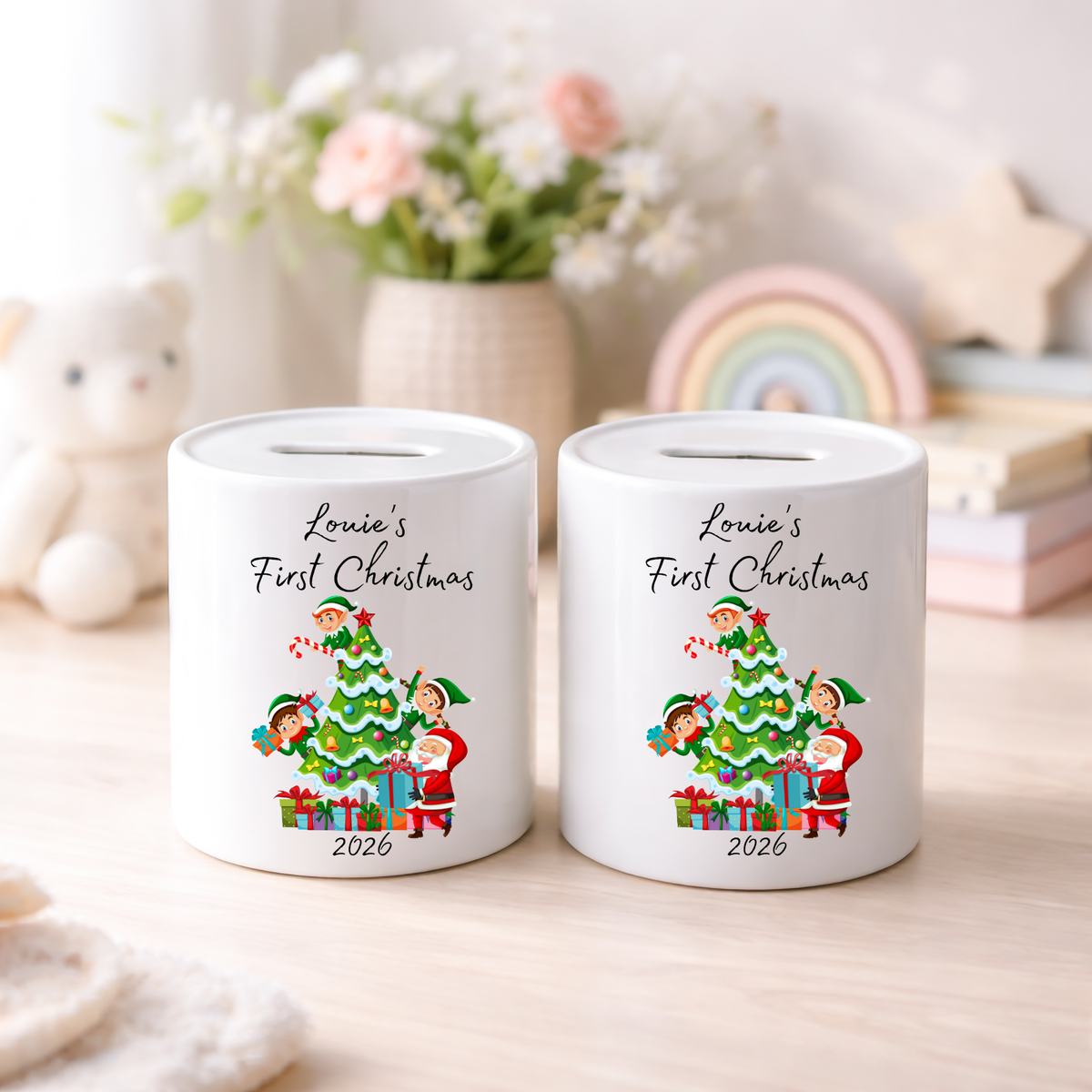 Personalised Money Box Ceramic Piggy Bank First Christmas Santa and Elves