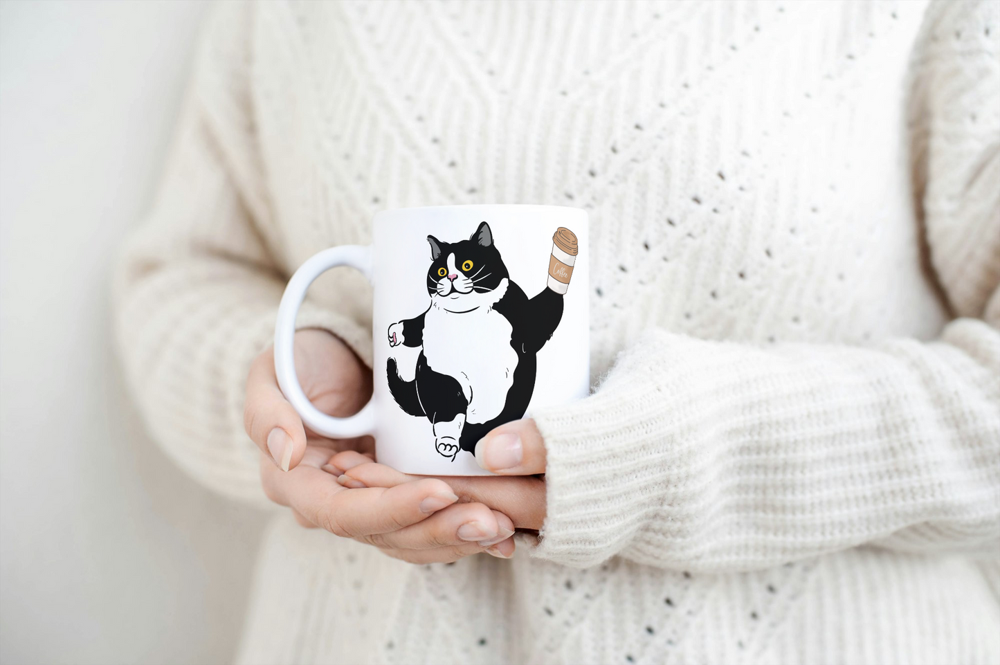 Fat Black & White Cat Holding Coffee Cup