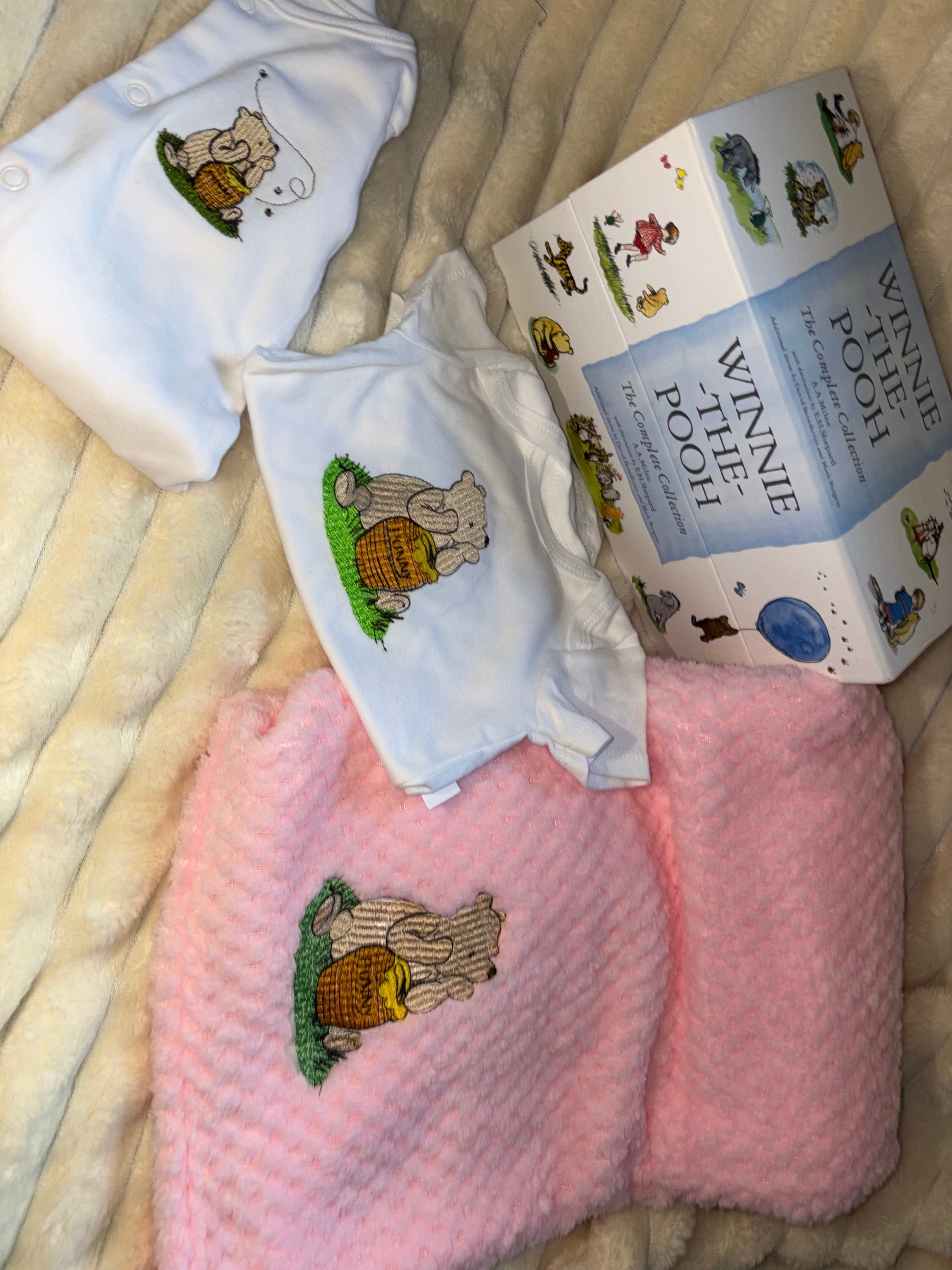 Winnie Pooh Baby Bundle- Pink Blanket, Babygrow and Vest Handmade Embroidered