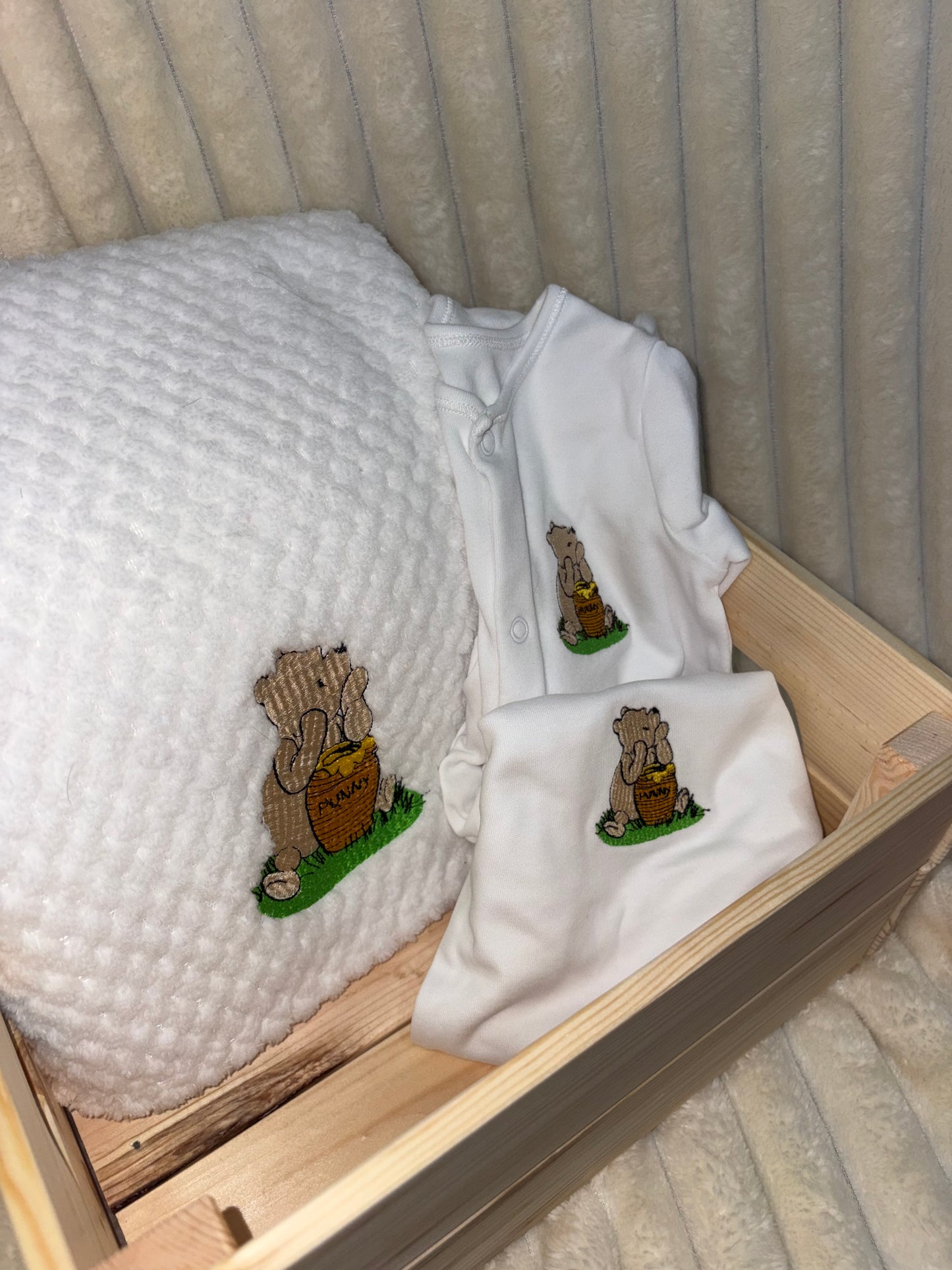Winnie Pooh Baby Bundle- White Blanket, Babygrow and Vest Handmade Embroidered