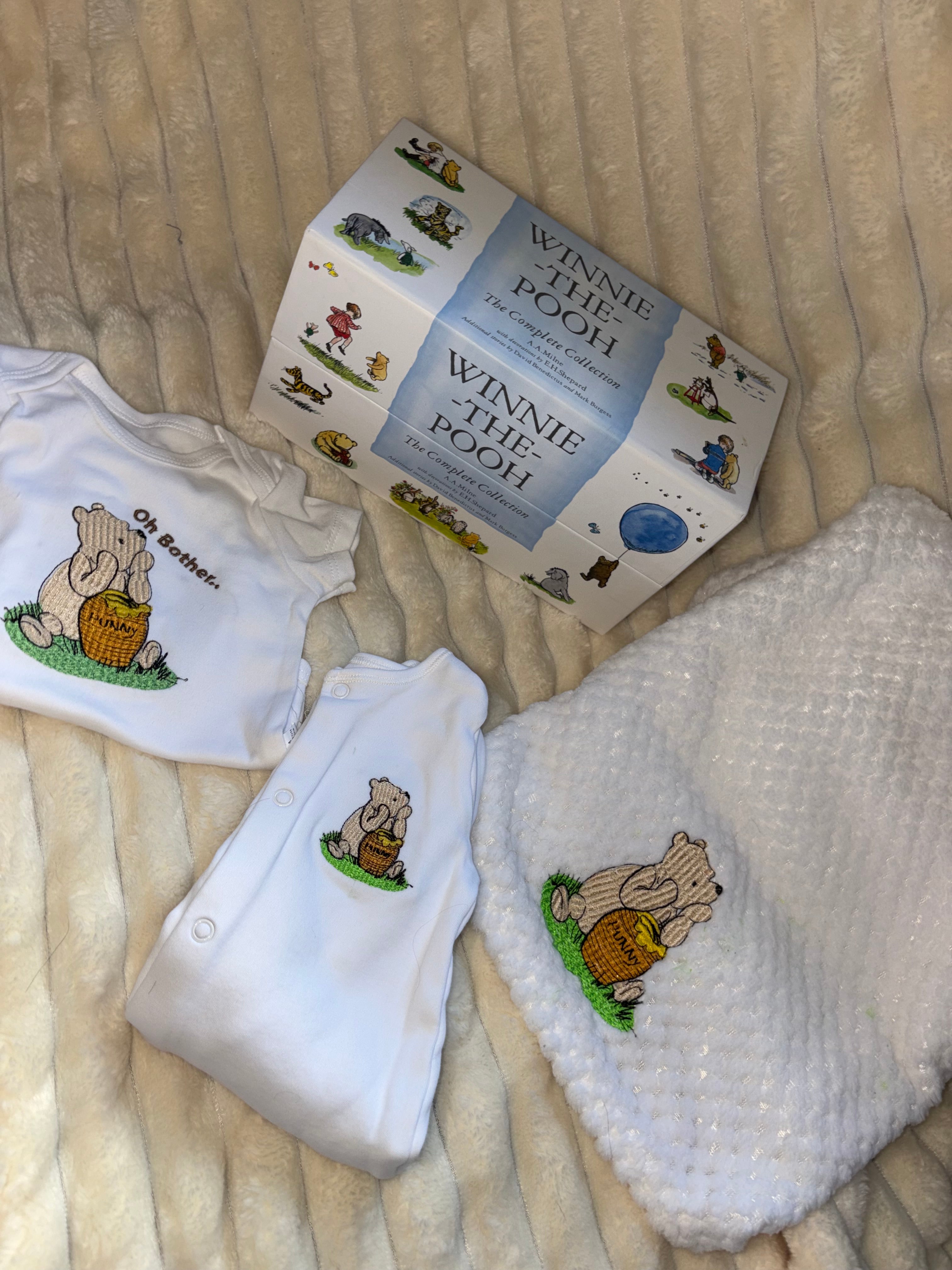 Winnie Pooh Baby Bundle- White Blanket, Babygrow and Vest Handmade Embroidered