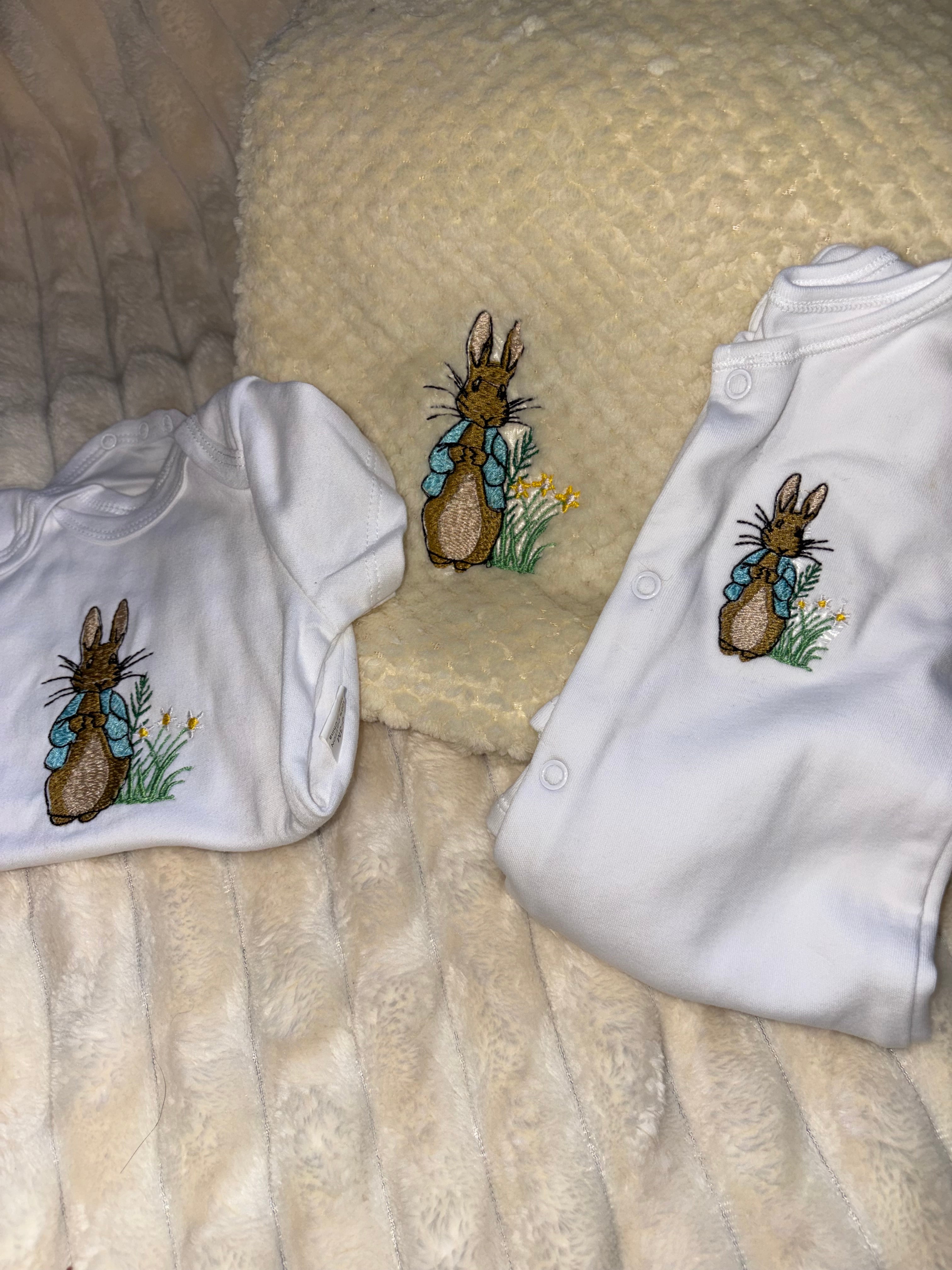 Peter Rabbit Baby Bundle- Pale Yellow Blanket, Babygrow and Vest Handmade Embroidered