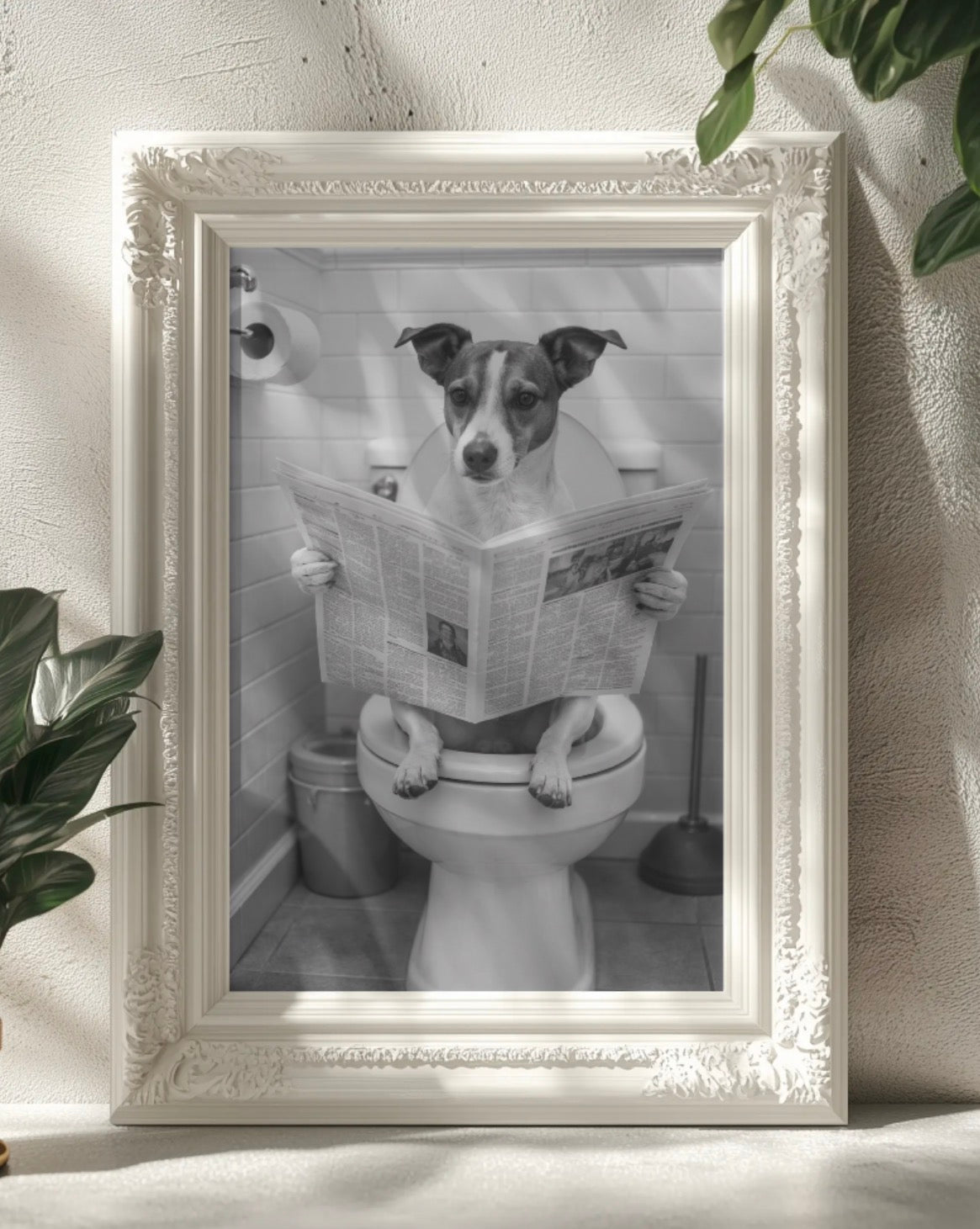 Dog on Toilet With Newspaper Wall Art Printable | Cute Print | Bathroom Home Decor | Digital Download A4 and A5