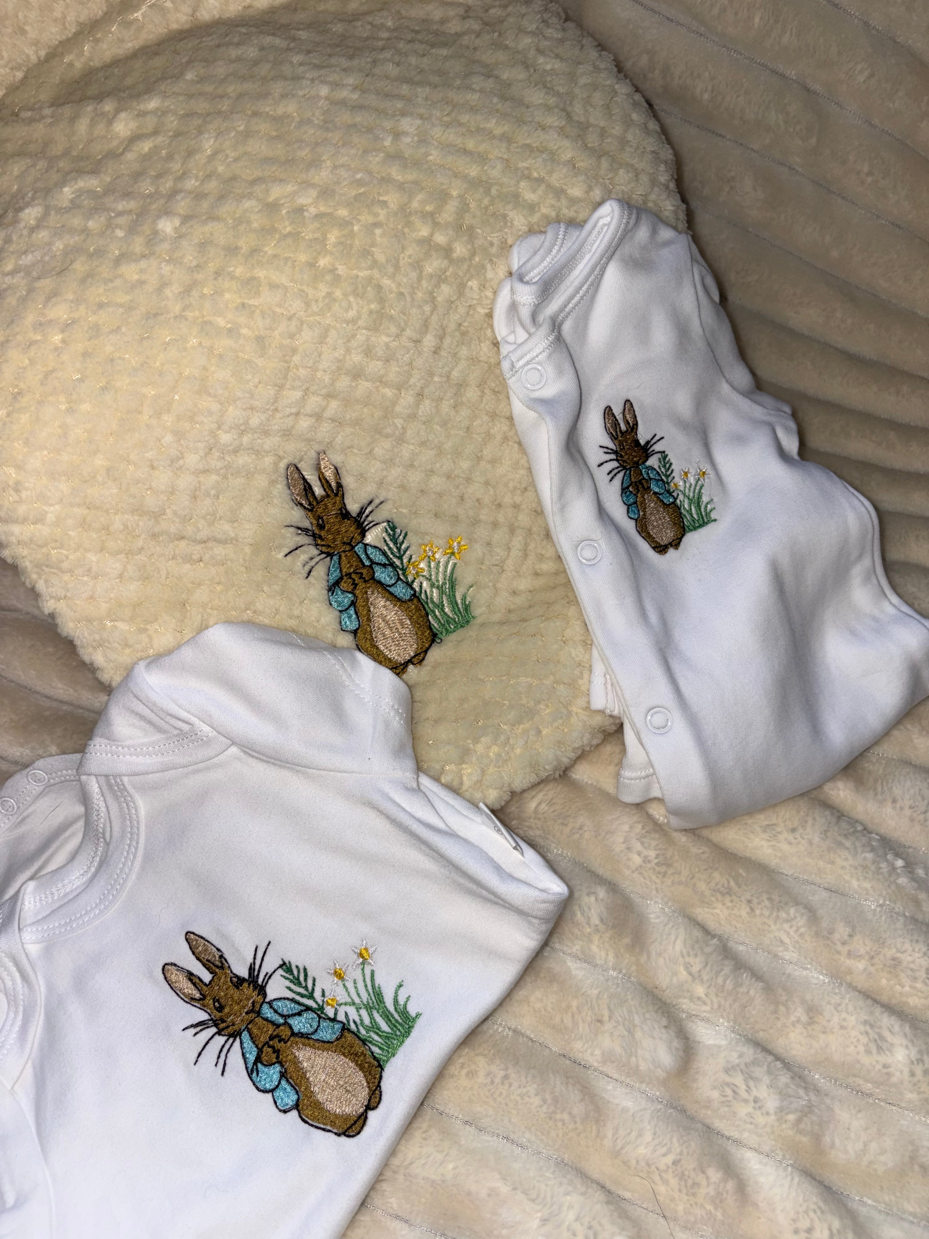 Peter Rabbit Baby Bundle- Pale Yellow Blanket, Babygrow and Vest Handmade Embroidered