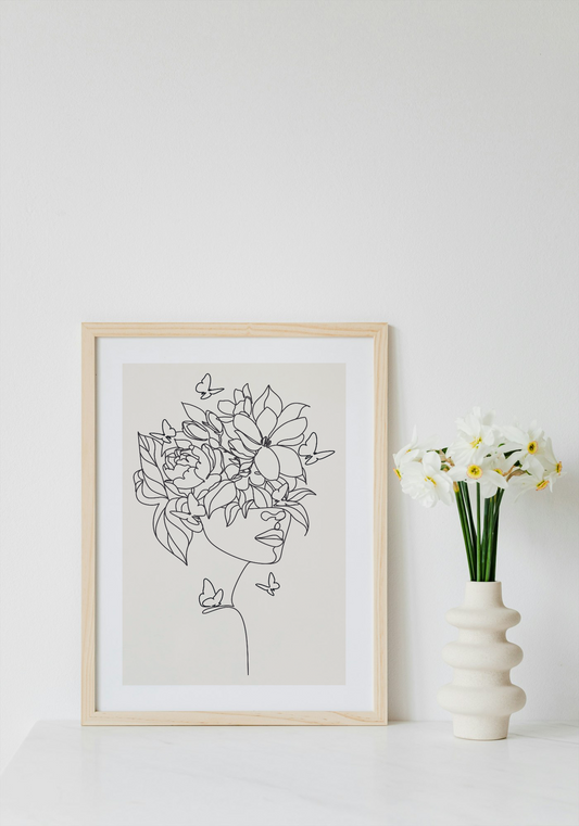 Fine Line Face Outline Flowers Wall Art Printable | Girly Wall Art | Girly Home Decor | Digital Download A4 and A5