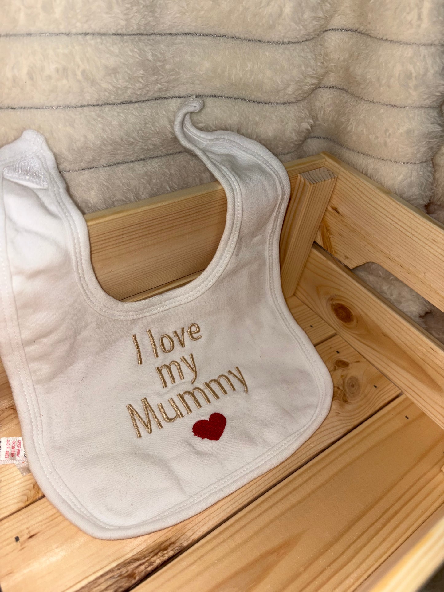 I love my Mummy | Velcro fastening bib | 100% cotton |Embroidered | Any Text Can Be Added | Personalised Bib