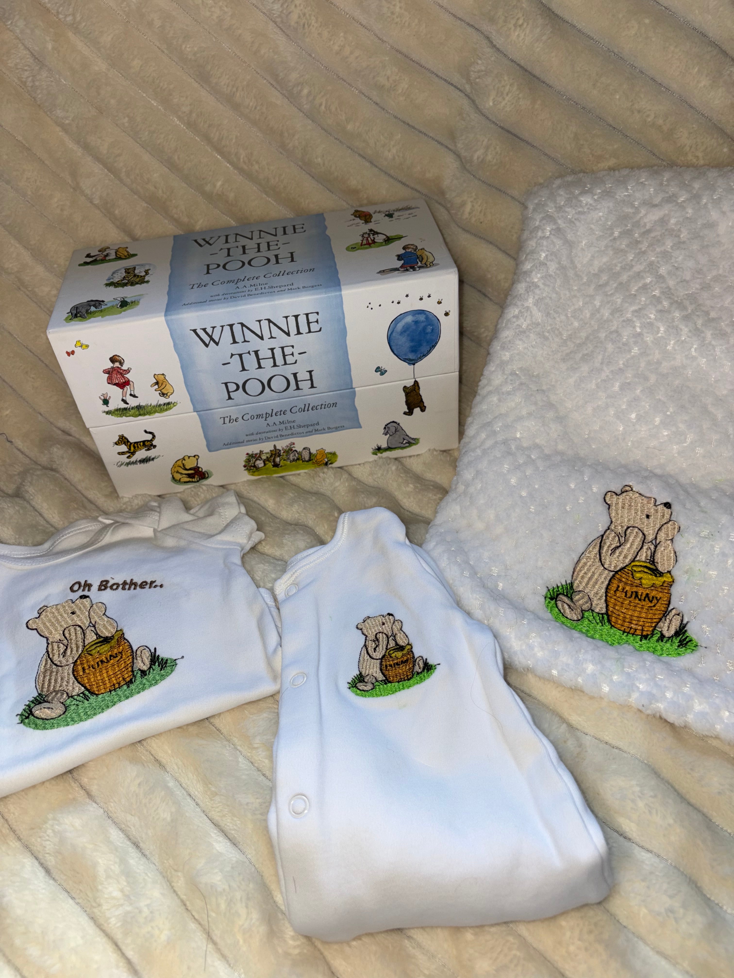 Winnie Pooh Baby Bundle- White Blanket, Babygrow and Vest Handmade Embroidered