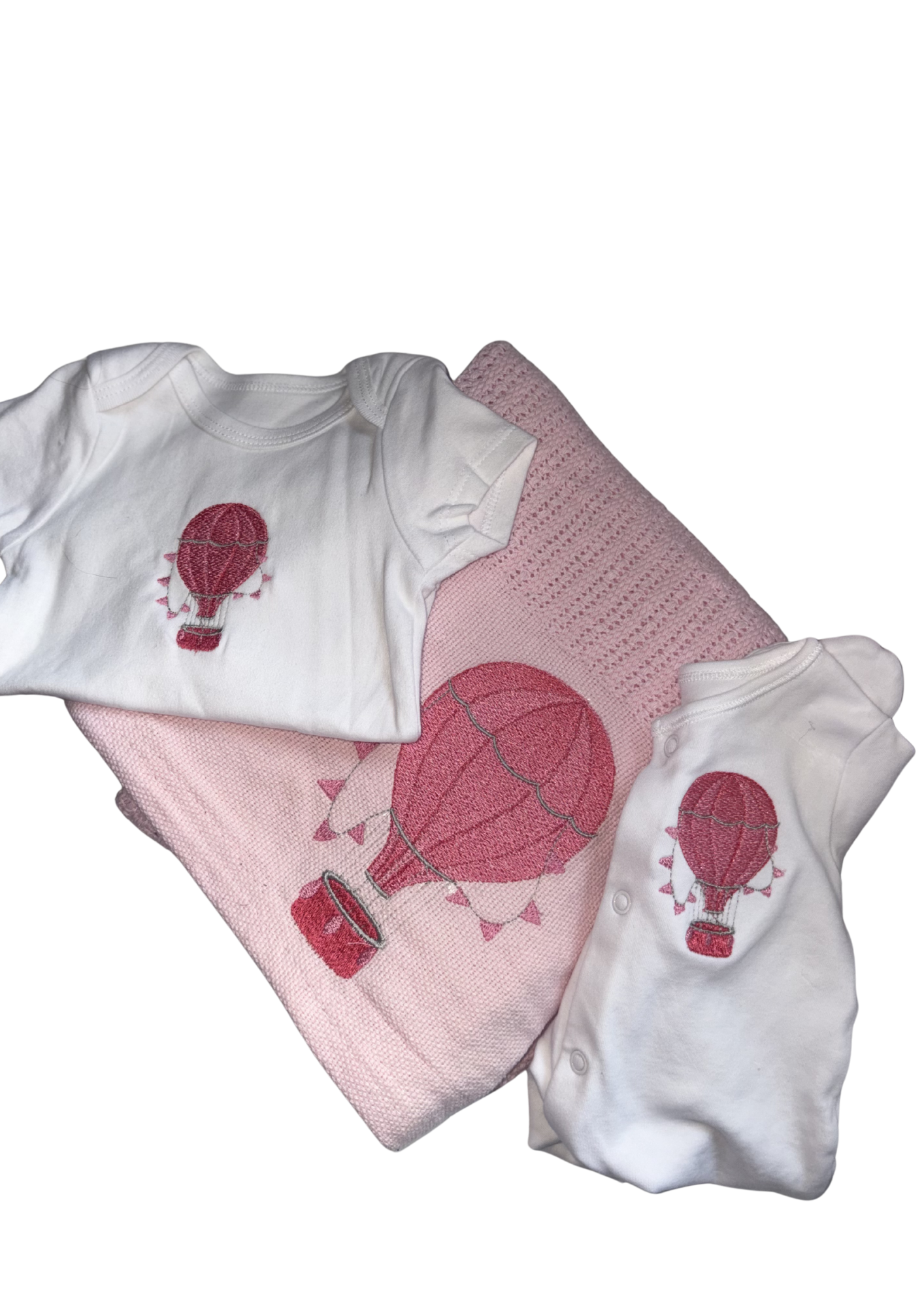 Pink Cellular Blanket, Sleepsuit and Vest Set- Hot Air Balloon Design