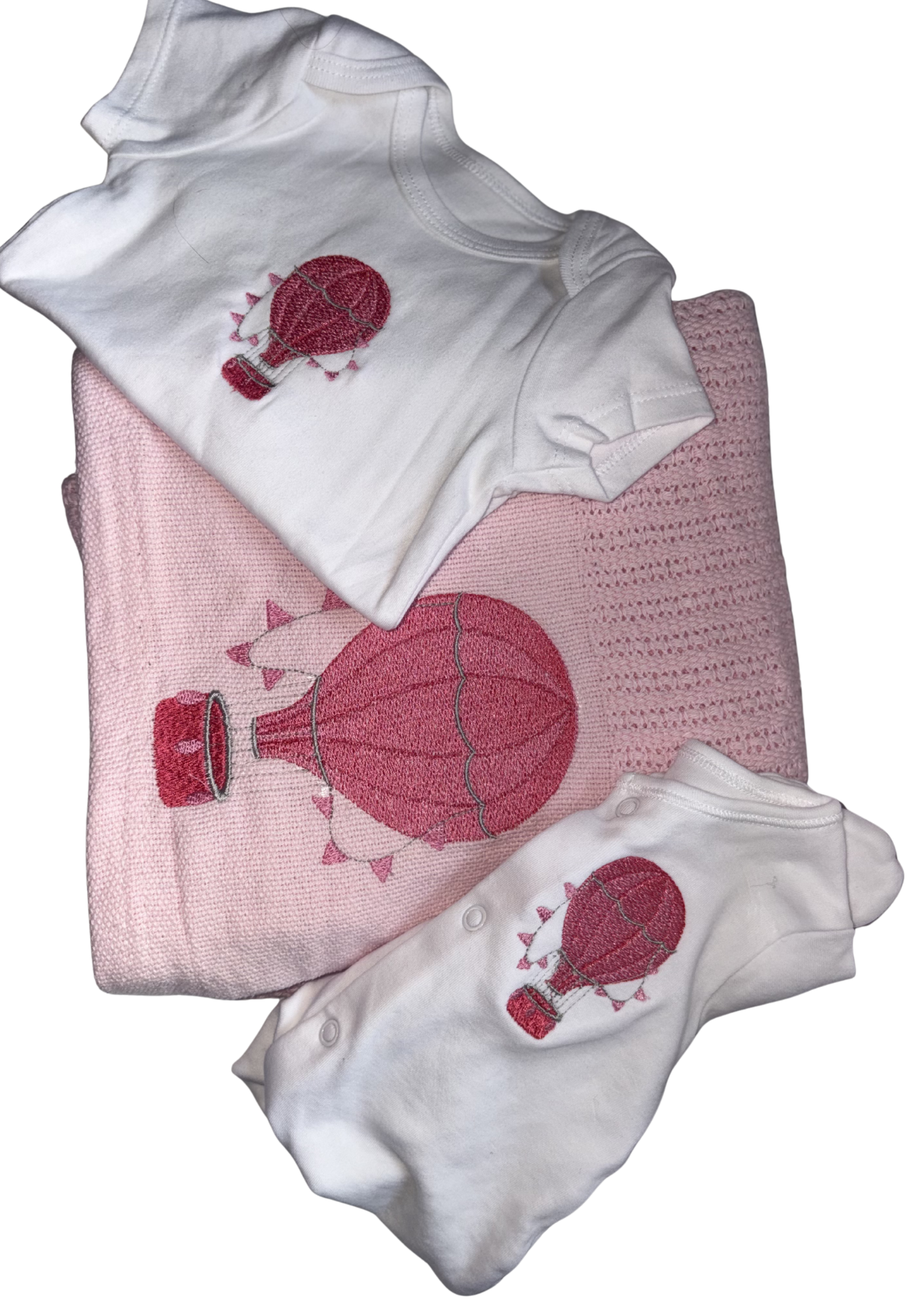 Pink Cellular Blanket, Sleepsuit and Vest Set- Hot Air Balloon Design
