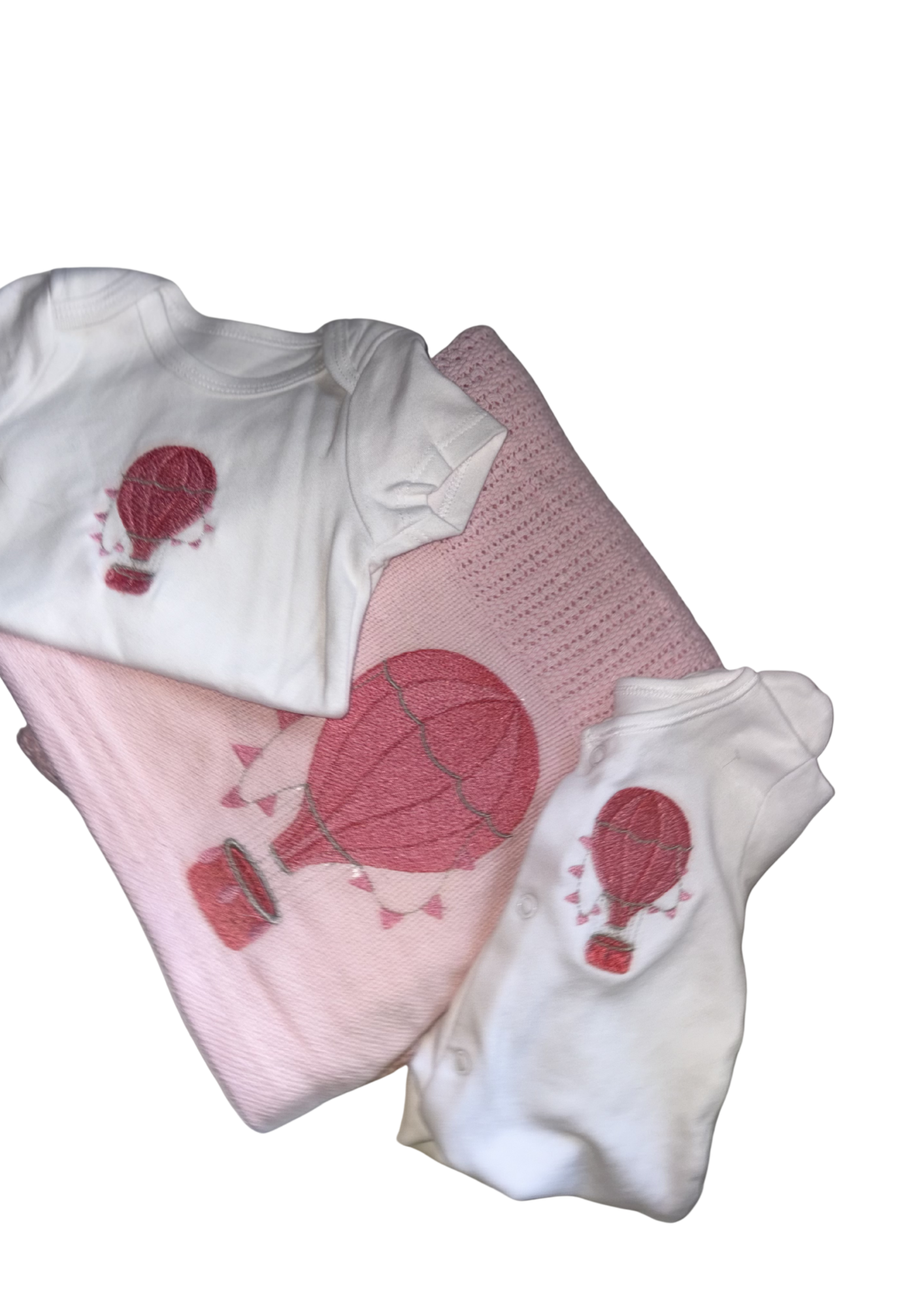 Pink Cellular Blanket, Sleepsuit and Vest Set- Hot Air Balloon Design