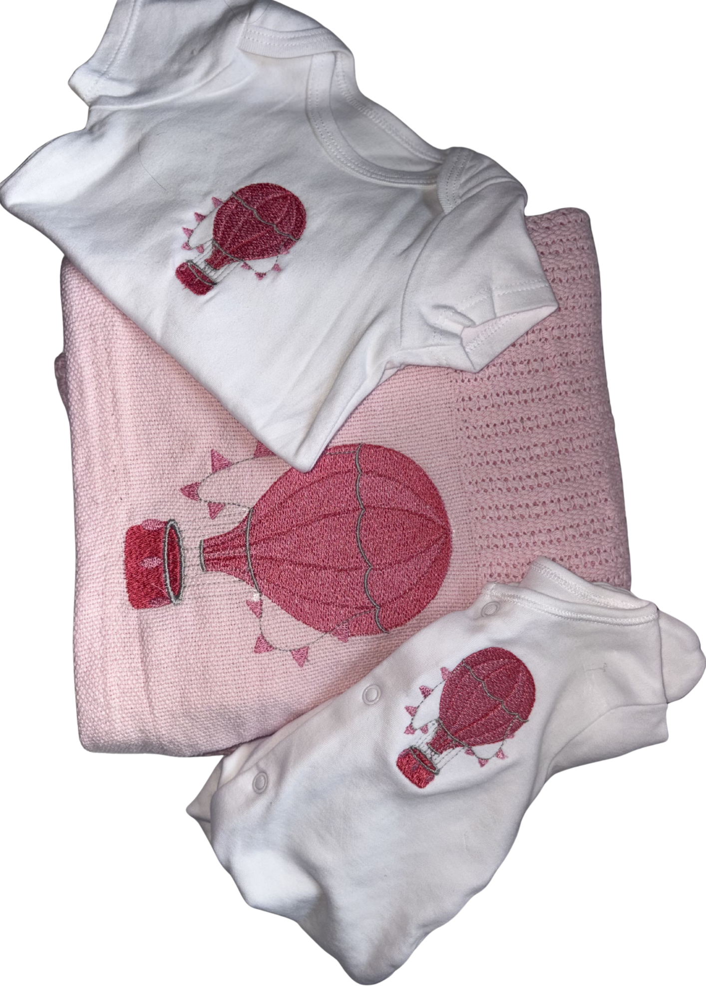 Pink Cellular Blanket, Sleepsuit and Vest Set- Hot Air Balloon Design