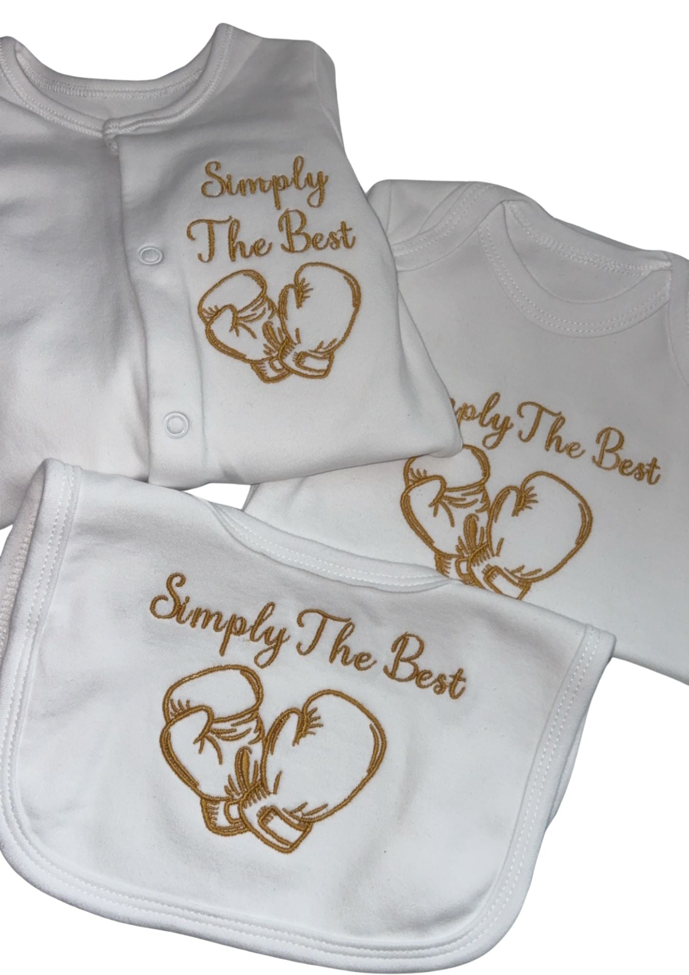 Custom Boxing Fan Baby Gift Set - Personalised Name or "Simply The Best" Embroidered Bib, Vest & Sleepsuit - Handmade Baby Clothes for Little Champions