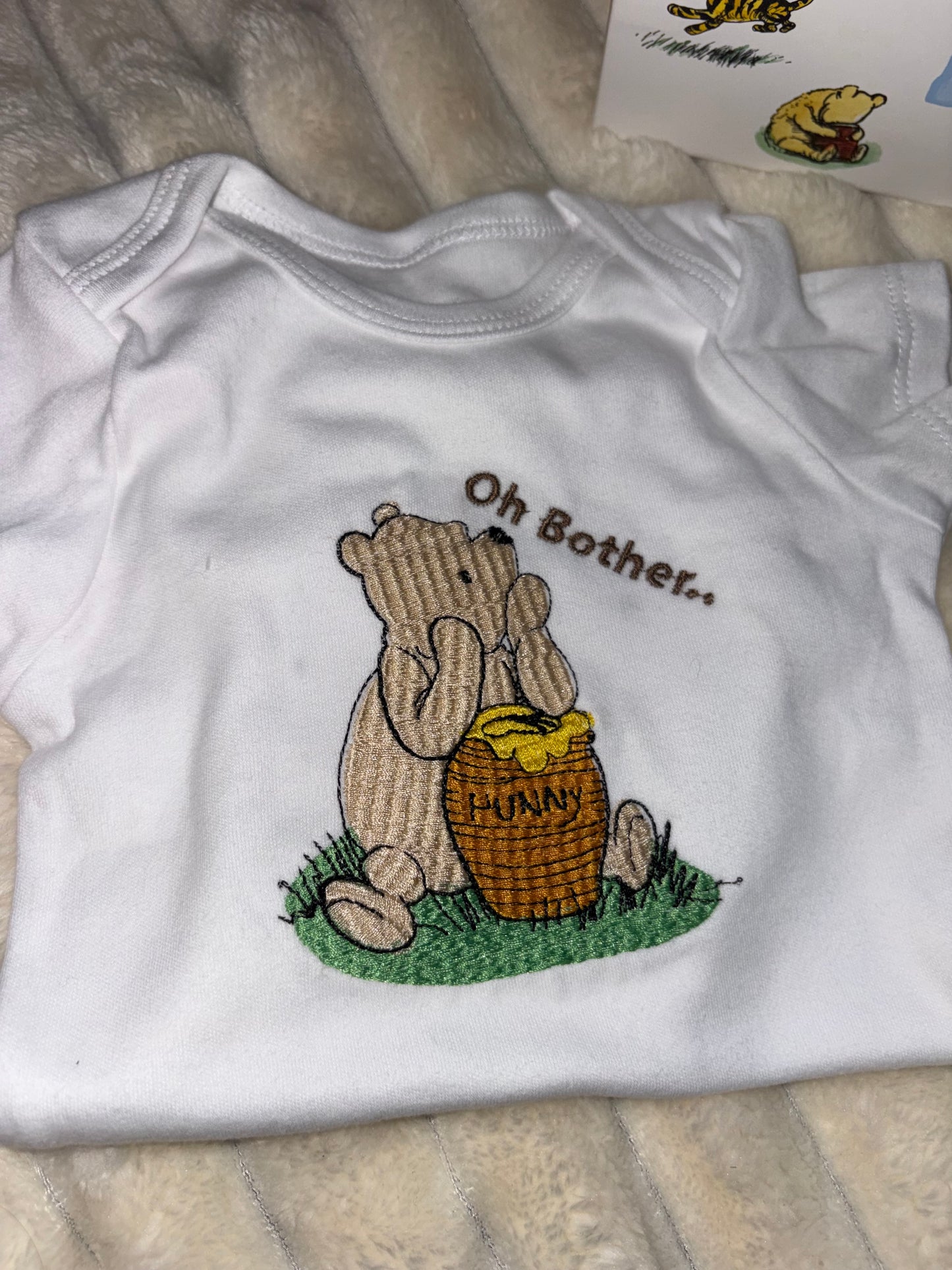 Winnie Pooh Baby Bundle- White Blanket, Babygrow and Vest Handmade Embroidered
