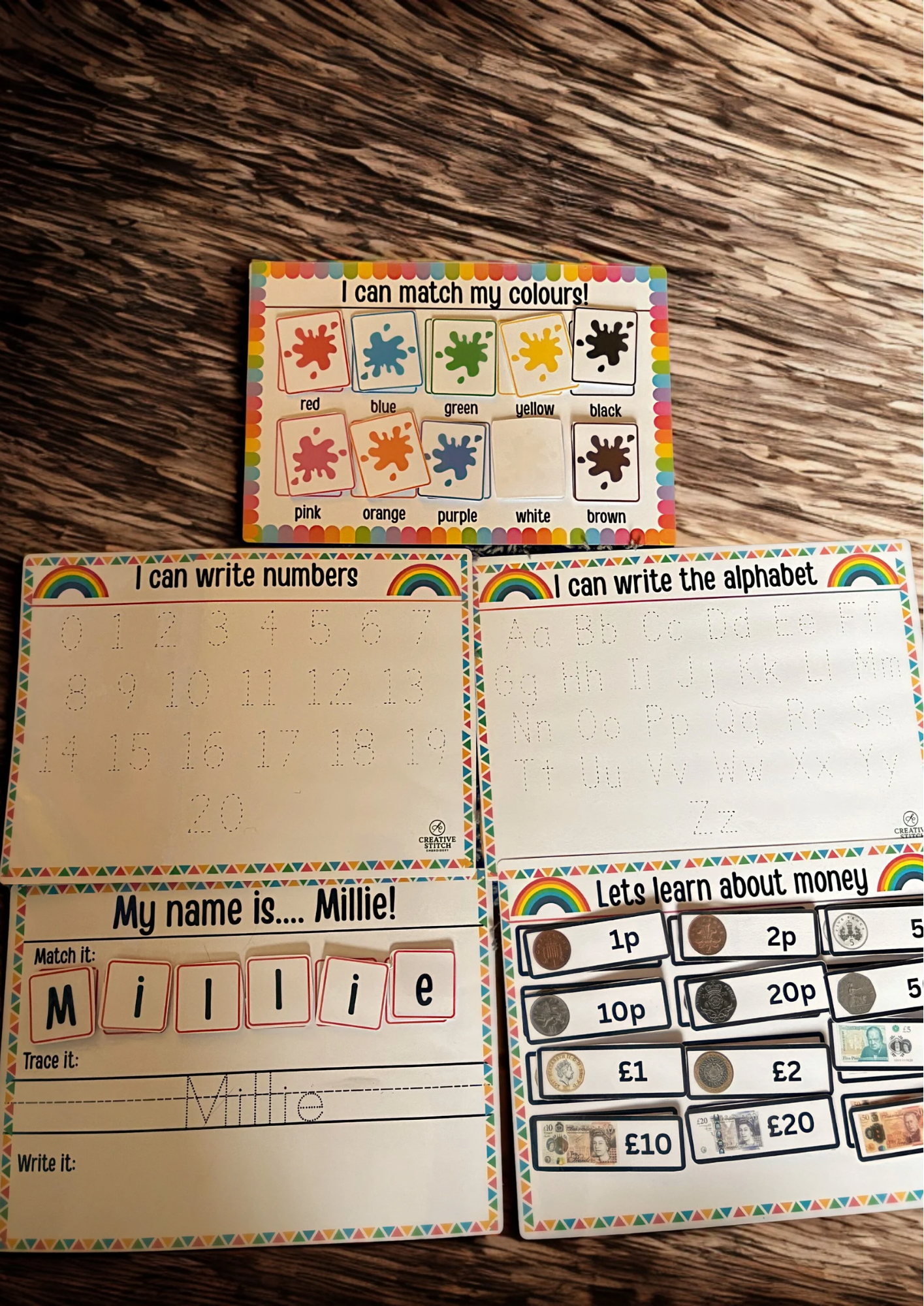 Early Learning Activity Bundle | Name Tracing, Alphabet & Numbers Tracing, Colour Match  UK Money Match | Reusable Velcro Wipe Clean Mats