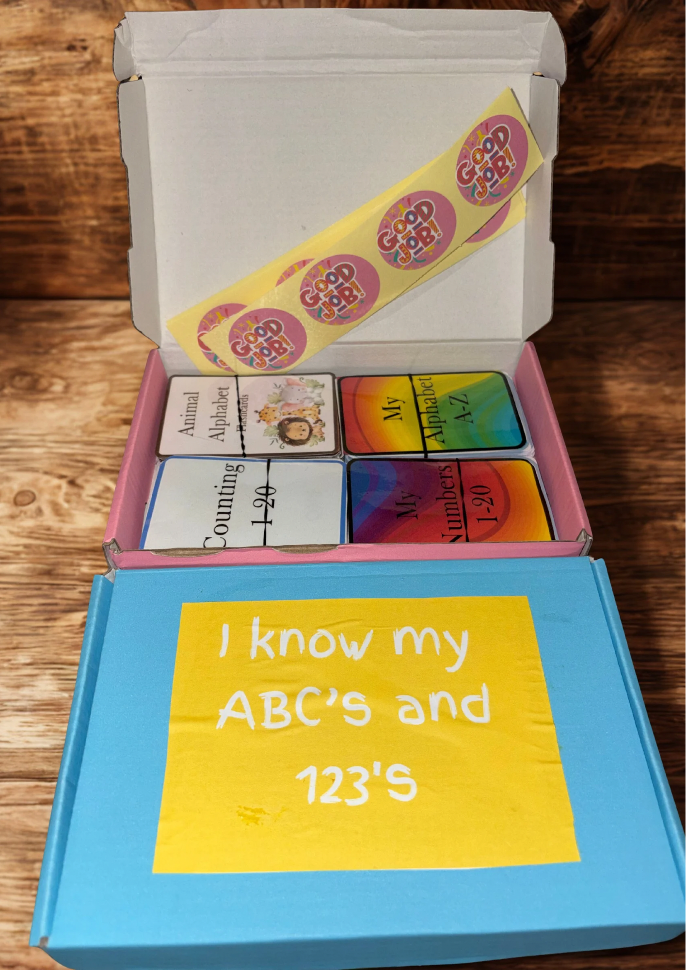 Toddler Flash Card Learning Box | Alphabet & Numbers 1–20 | Rainbow and Animal Cards | Includes Stickers