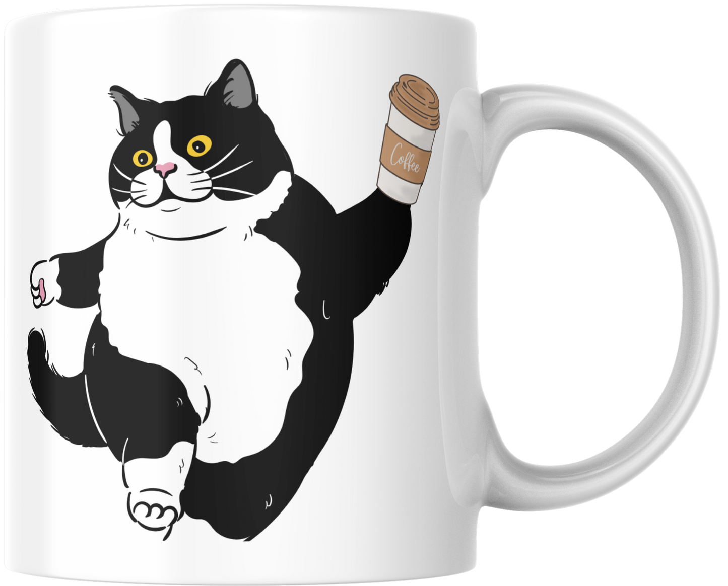 Fat Black & White Cat Holding Coffee Cup