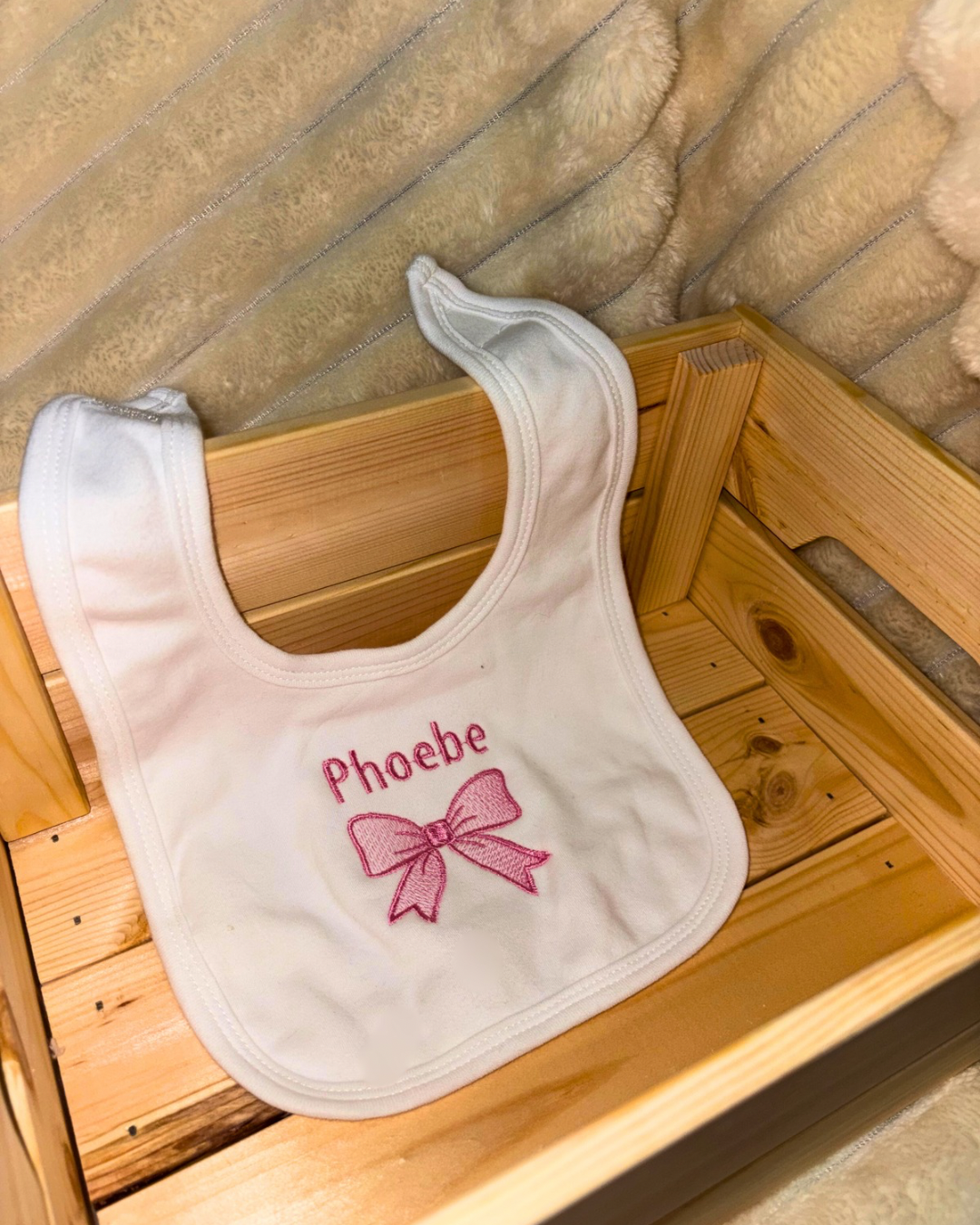 Bow Design Bib | Velcro fastening bib | 100% cotton |Embroidered | Any Name Can Be Added | Personalised Bib