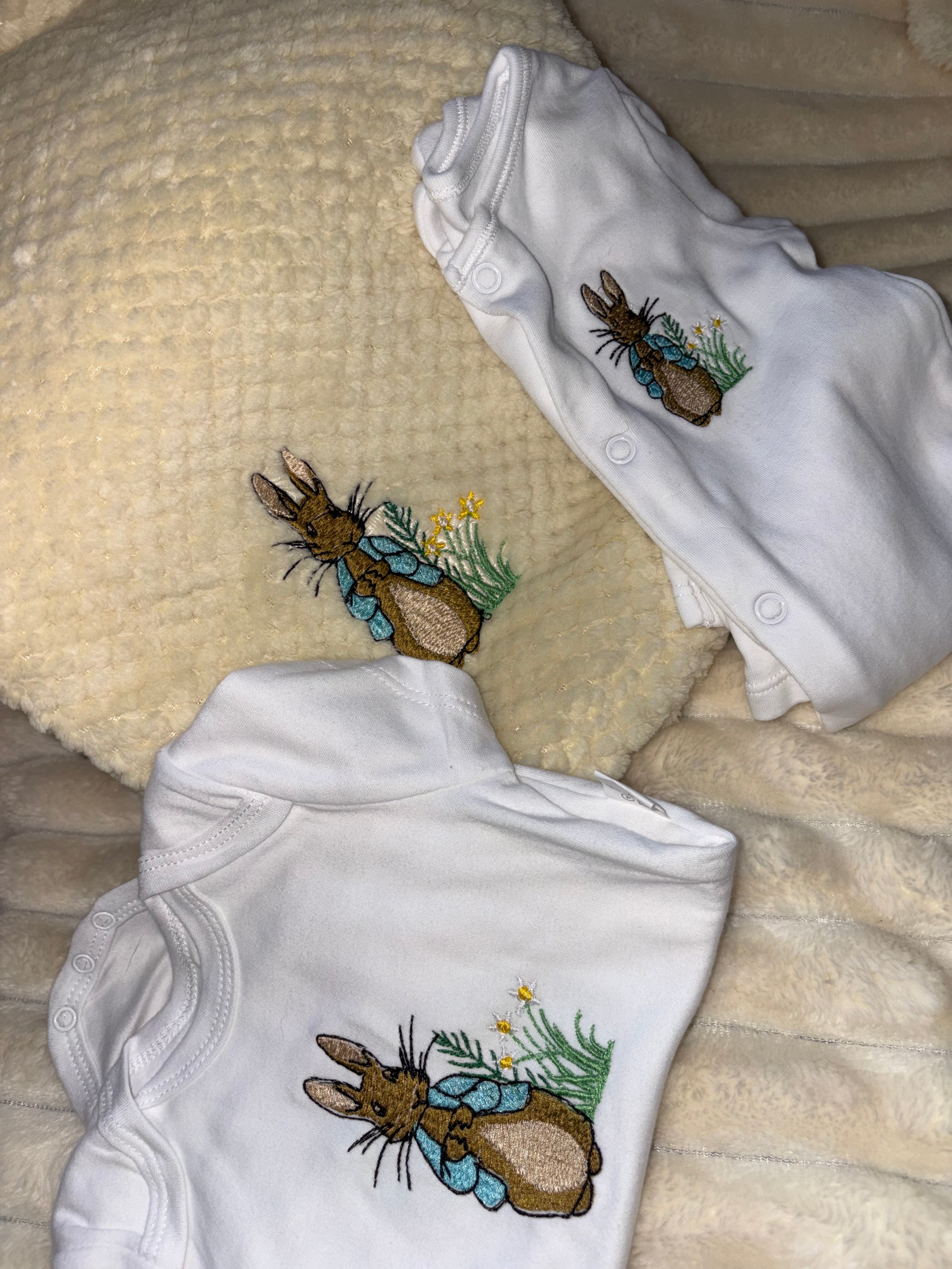 Peter Rabbit Baby Bundle- Pale Yellow Blanket, Babygrow and Vest Handmade Embroidered