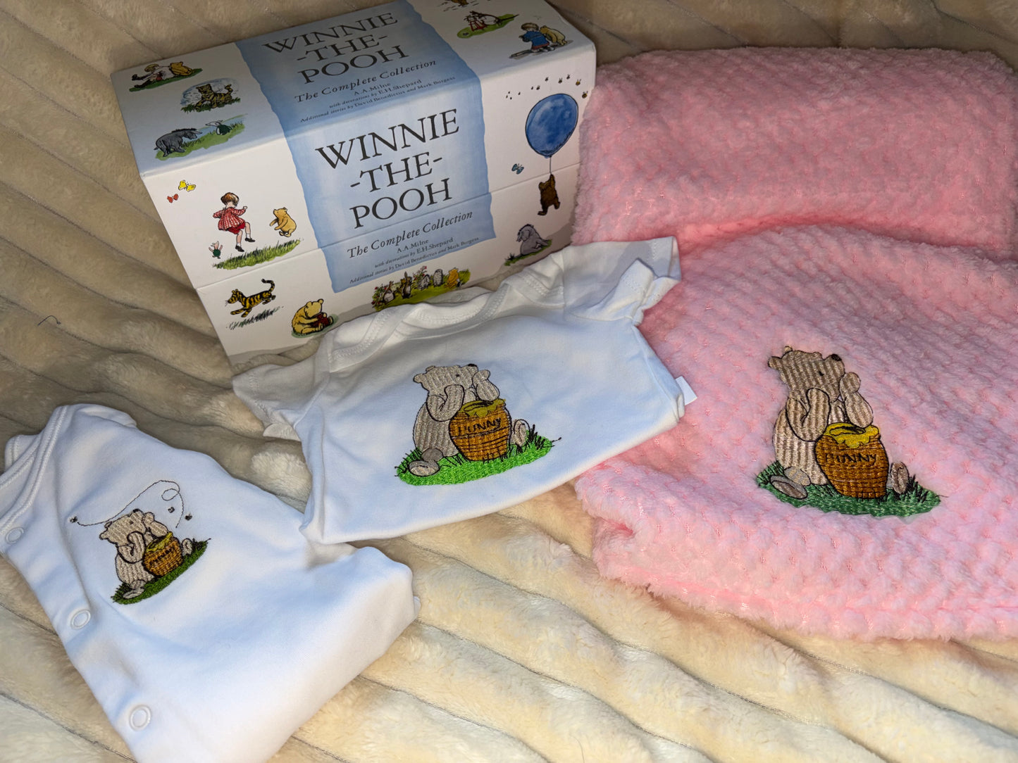 Winnie Pooh Baby Bundle- Pink Blanket, Babygrow and Vest Handmade Embroidered