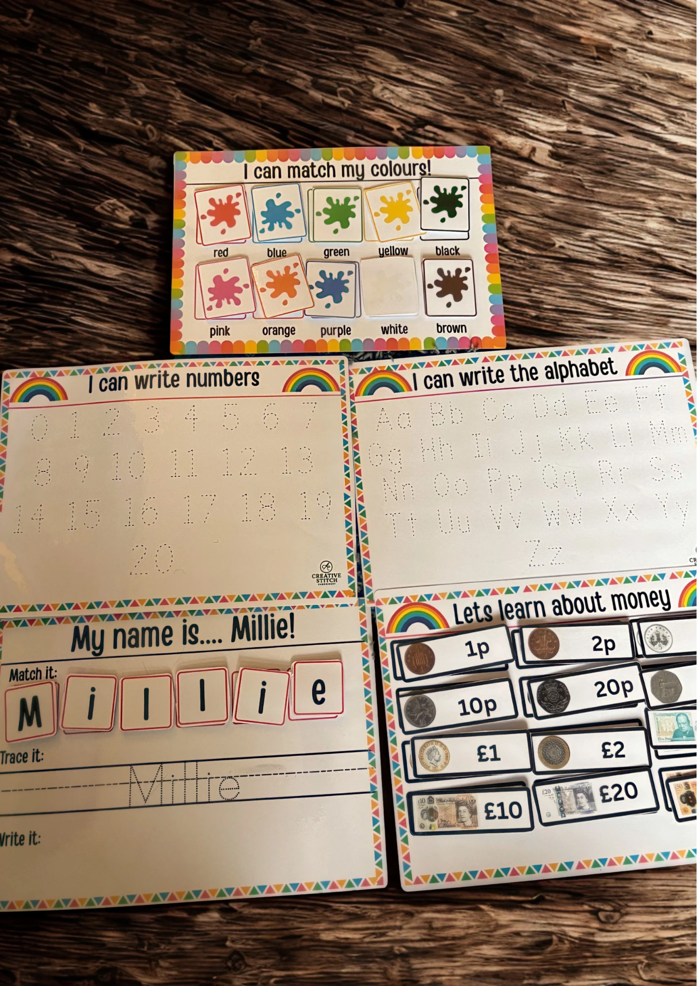 Early Learning Activity Bundle | Name Tracing, Alphabet & Numbers Tracing, Colour Match  UK Money Match | Reusable Velcro Wipe Clean Mats