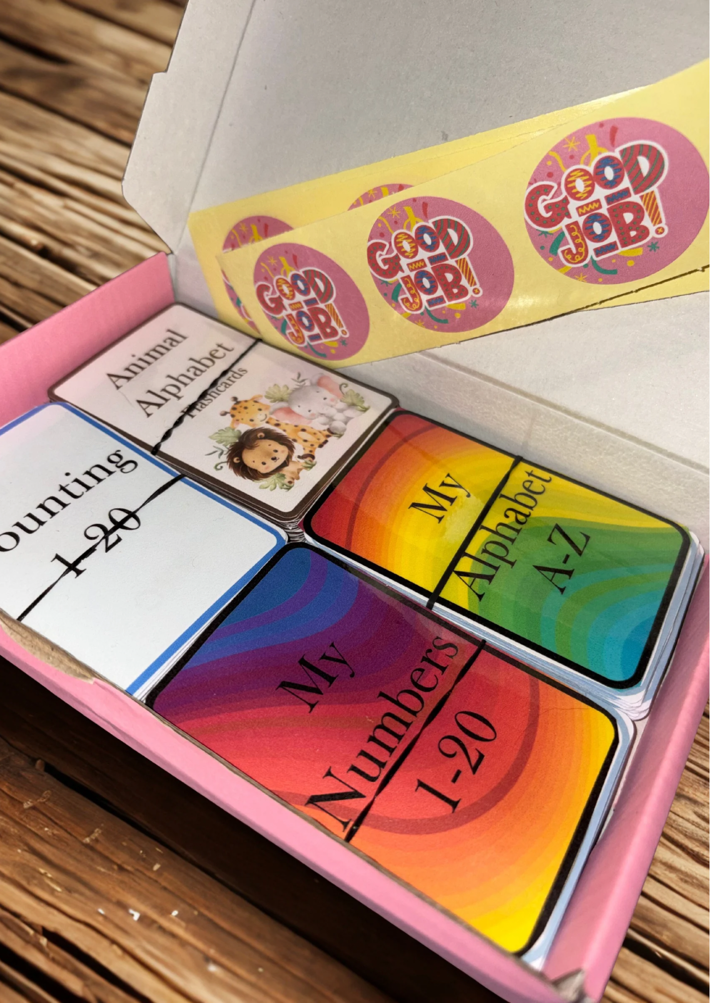Toddler Flash Card Learning Box | Alphabet & Numbers 1–20 | Rainbow and Animal Cards | Includes Stickers