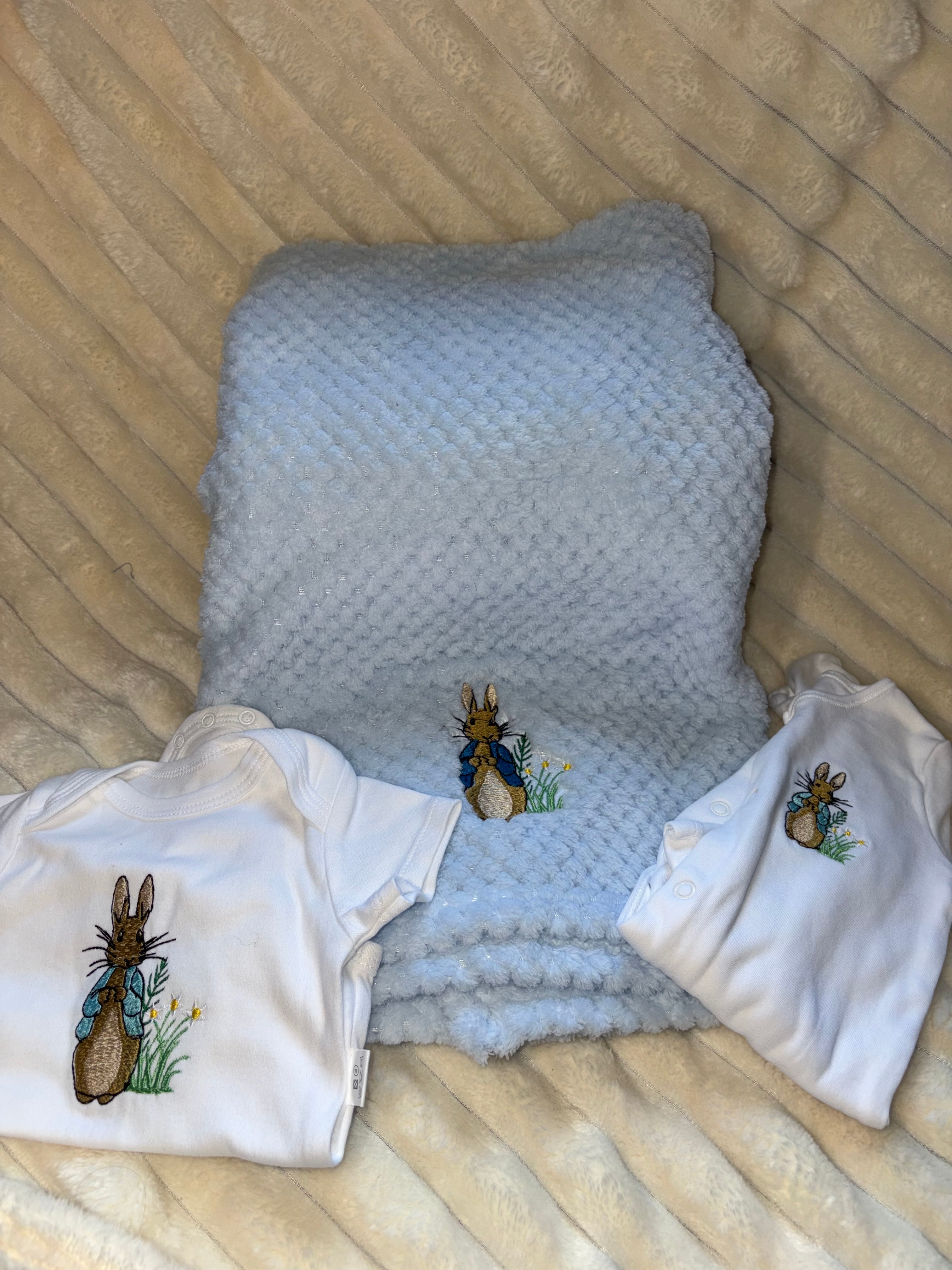 Peter Rabbit Baby Bundle- Blanket, Babygrow and Vest Handmade Embroidered