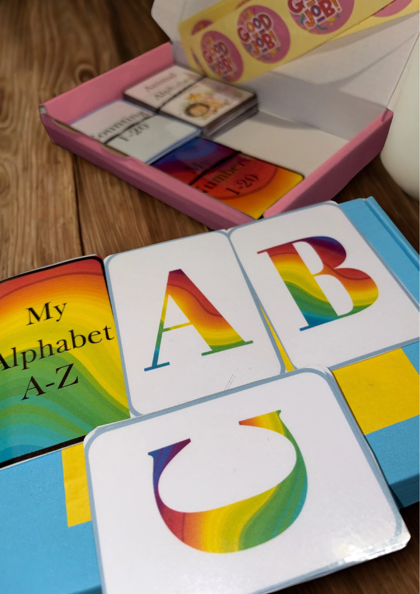 Toddler Flash Card Learning Box | Alphabet & Numbers 1–20 | Rainbow and Animal Cards | Includes Stickers