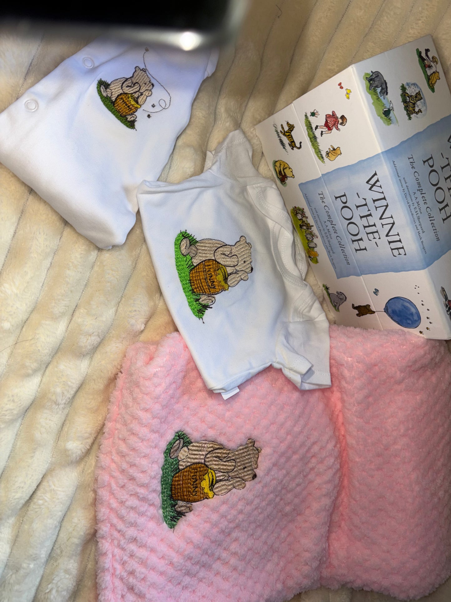 Winnie Pooh Baby Bundle- Pink Blanket, Babygrow and Vest Handmade Embroidered