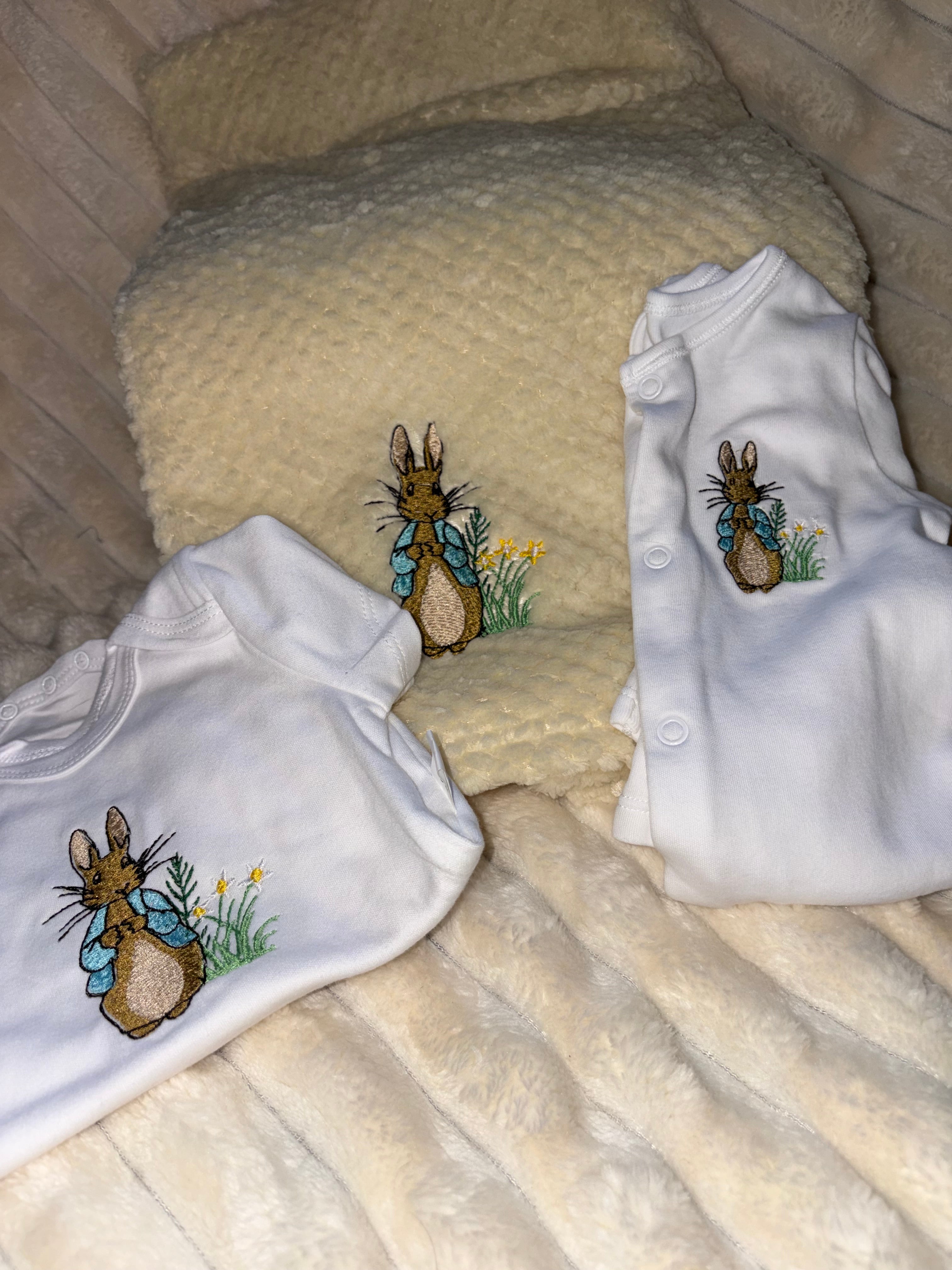 Peter Rabbit Baby Bundle- Pale Yellow Blanket, Babygrow and Vest Handmade Embroidered