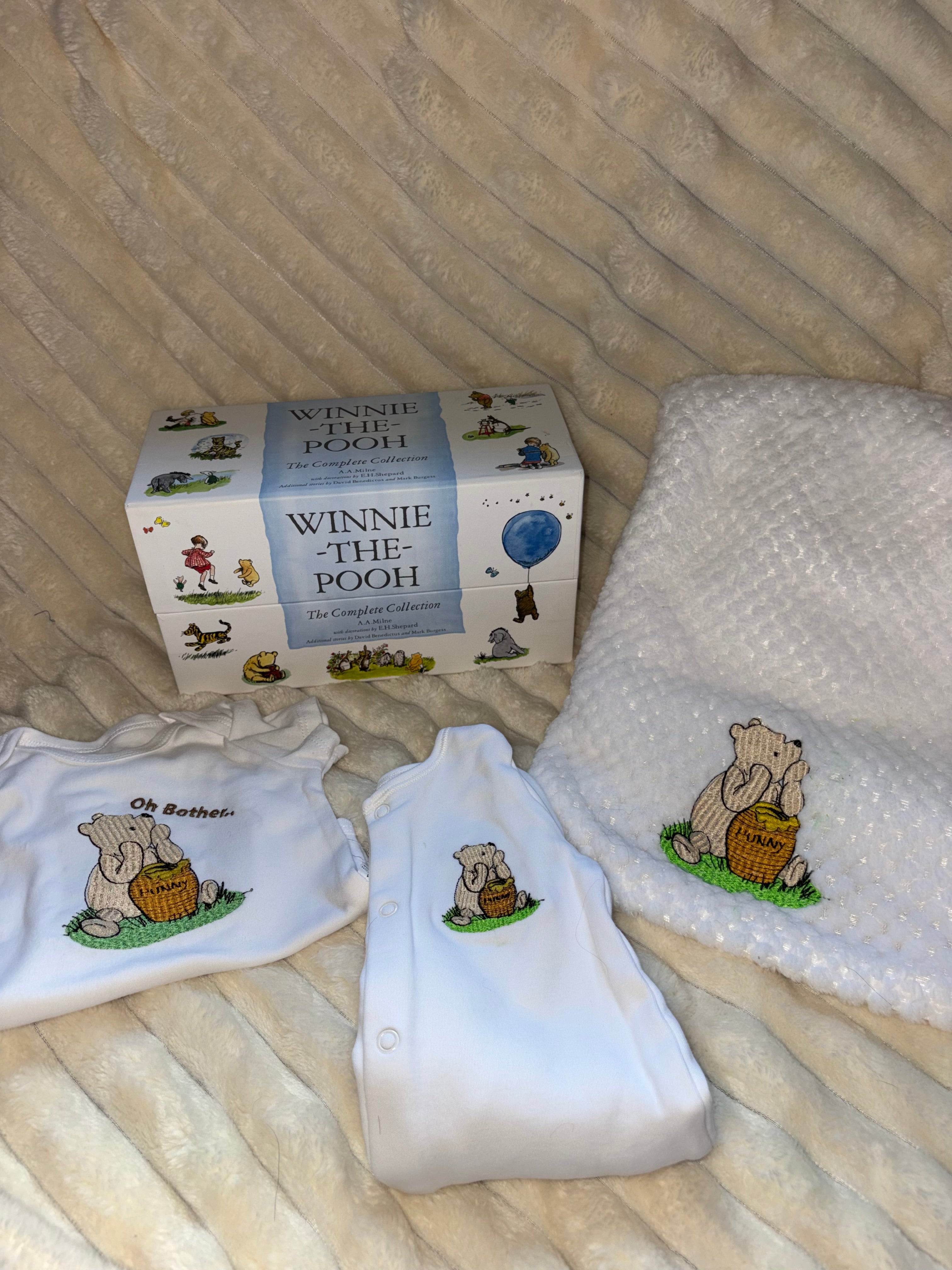 Winnie Pooh Baby Bundle- White Blanket, Babygrow and Vest Handmade Embroidered