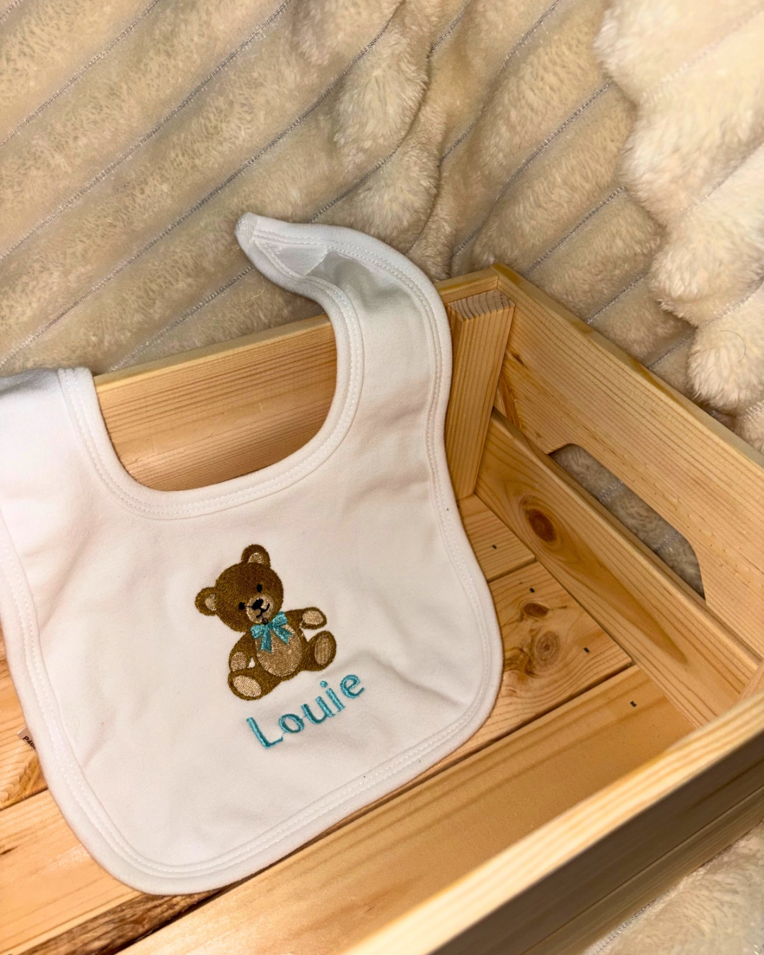 Personalised Baby Name Bib –  Embroidered Teddy Bear Design | Velcro fastening bib | 100% cotton | Bear available in pink or blue