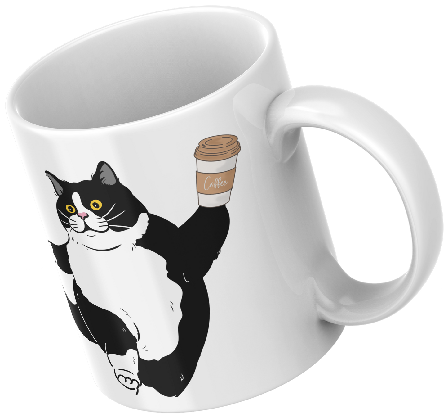 Fat Black & White Cat Holding Coffee Cup