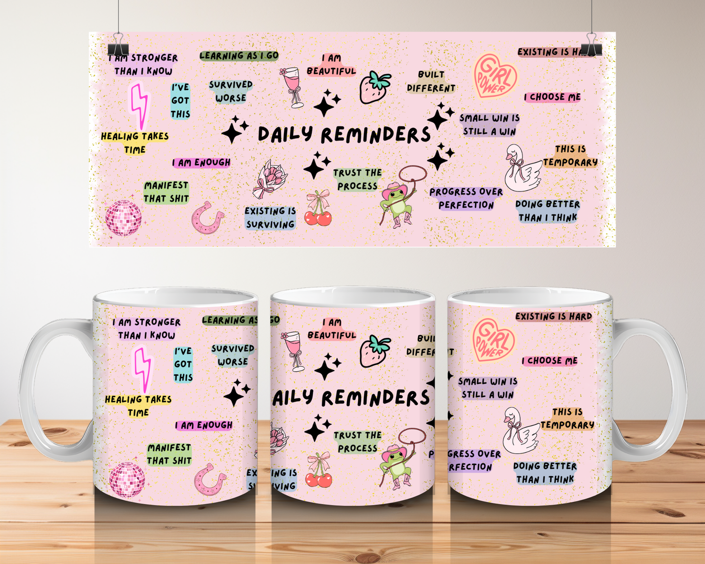 Daily Reminders Affirmation Mug - Pink Self Care Coffee Cup - Positive Quote Mug - Mental Health Gift for Her - Wrap Around Design Mug
