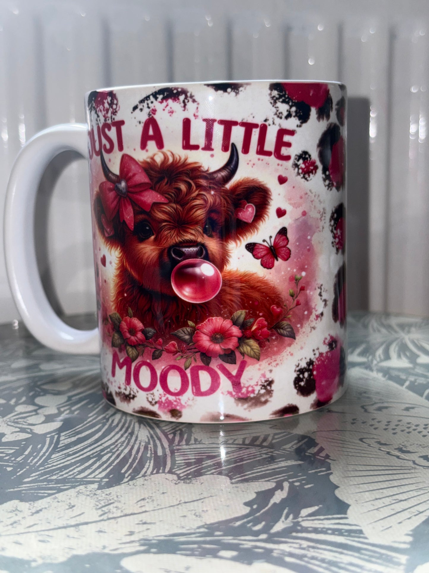 Just a Little Moody Highland Cow Mug - Pink Leopard Print Coffee Cup, Cute Farm Animal Mug, Funny Gift for Her, Novelty Hot Chocolate Mug
