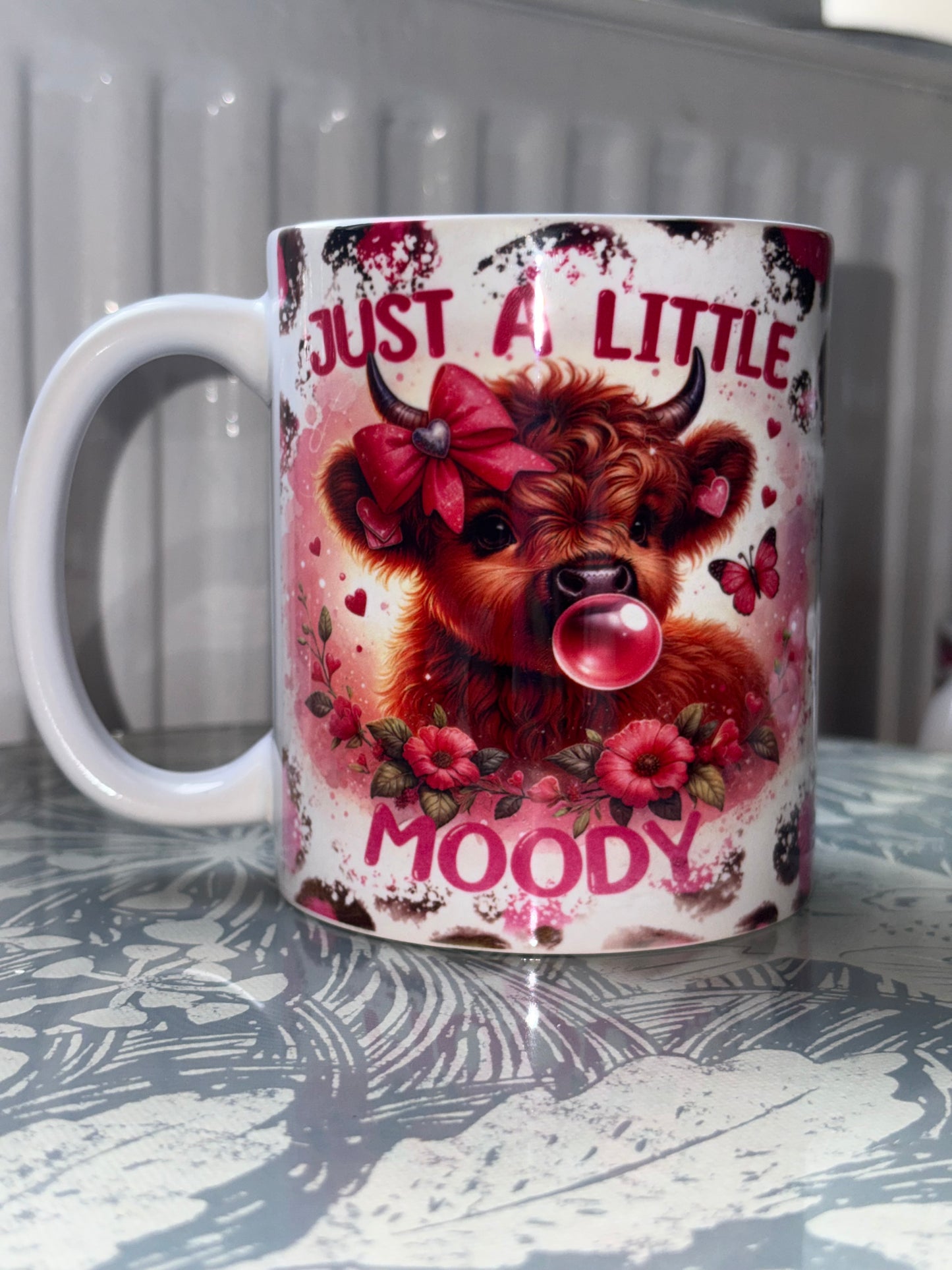 Just a Little Moody Highland Cow Mug - Pink Leopard Print Coffee Cup, Cute Farm Animal Mug, Funny Gift for Her, Novelty Hot Chocolate Mug