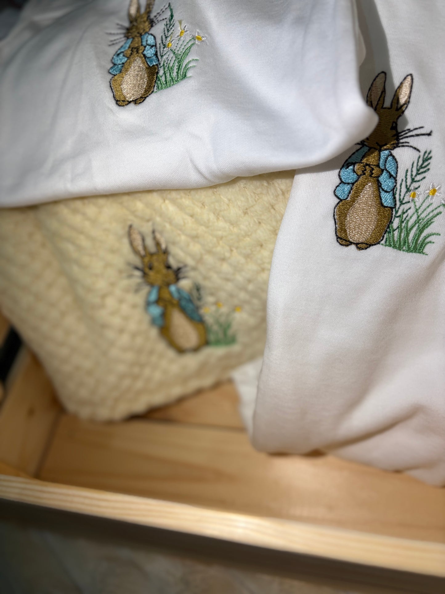 Peter Rabbit Baby Bundle- Pale Yellow Blanket, Babygrow and Vest Handmade Embroidered